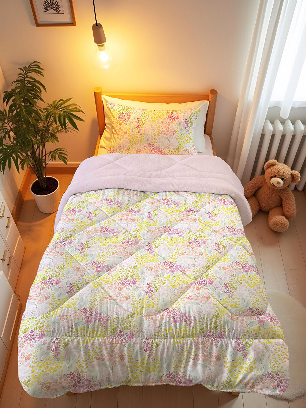 Karışık Çiçek Desenli Tek Kişilik 160x220 Cm Wellsoft Çift Taraflı Silikon Yorgan Ve Uyku Seti