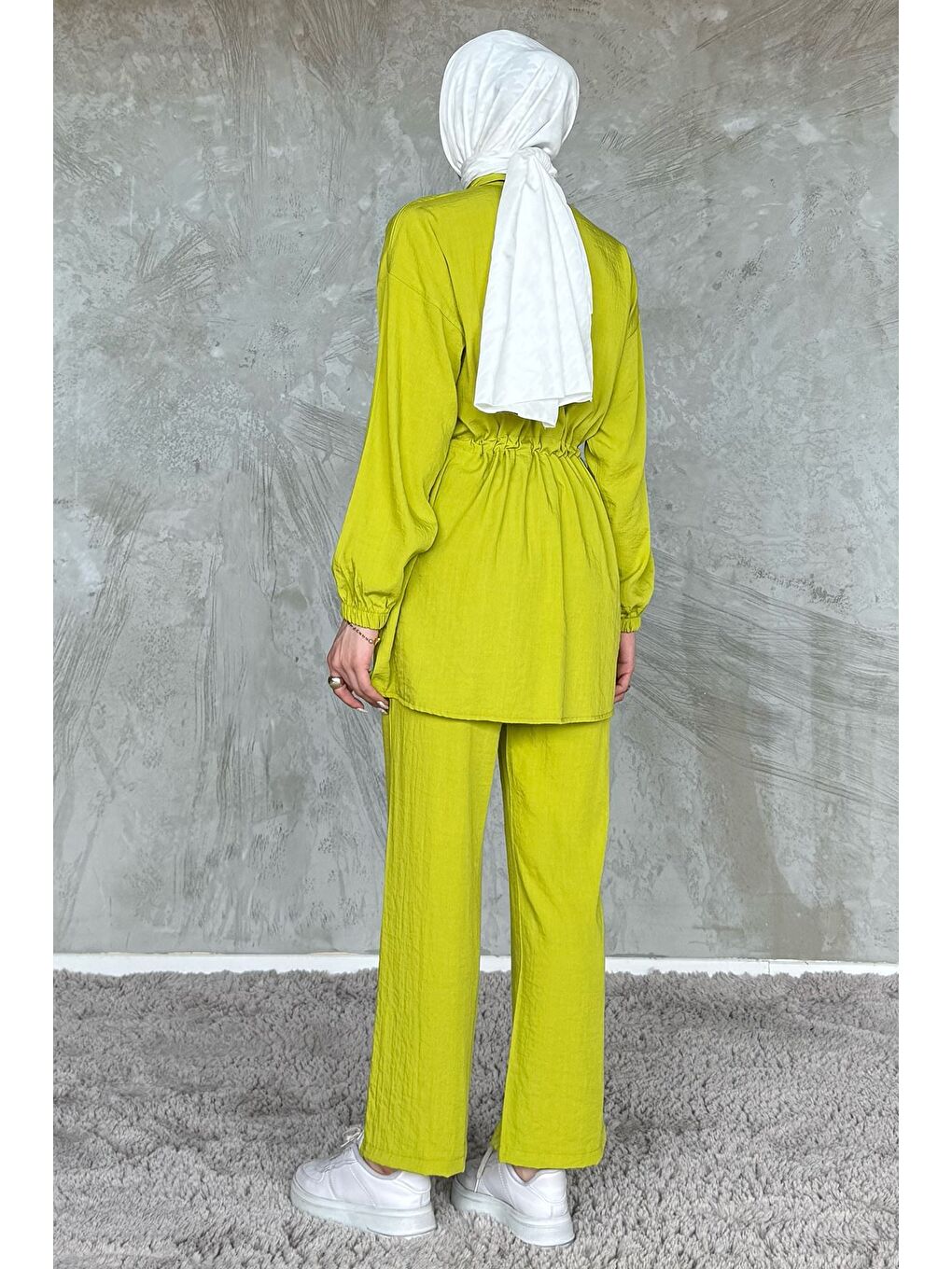 Yeşil Cep Nakışlı Bel Bağcıklı Tesettür Tunik Pantolon İkili Takım-7