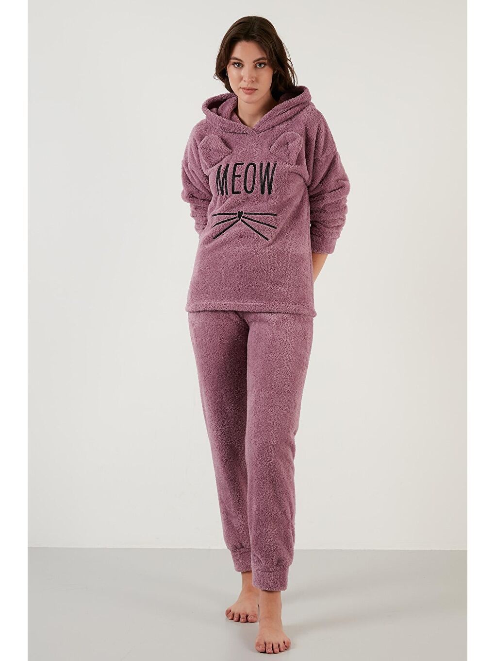 Lila Kapüşonlu Elastik Bantlı Peluş Pijama Takımı 6094130-1