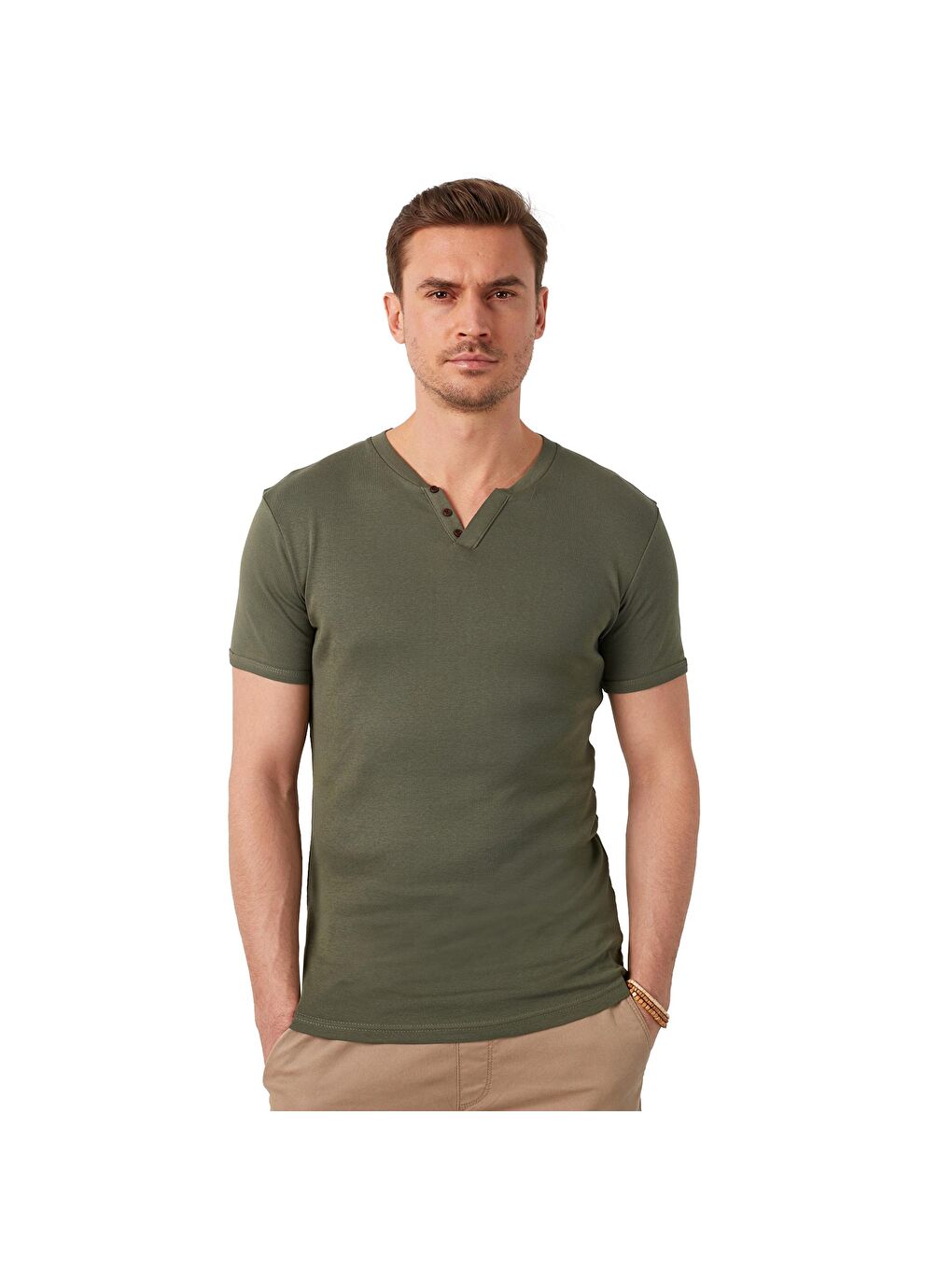 Buratti Haki % 100 Pamuklu V Yaka T Shirt 5902122 - 4