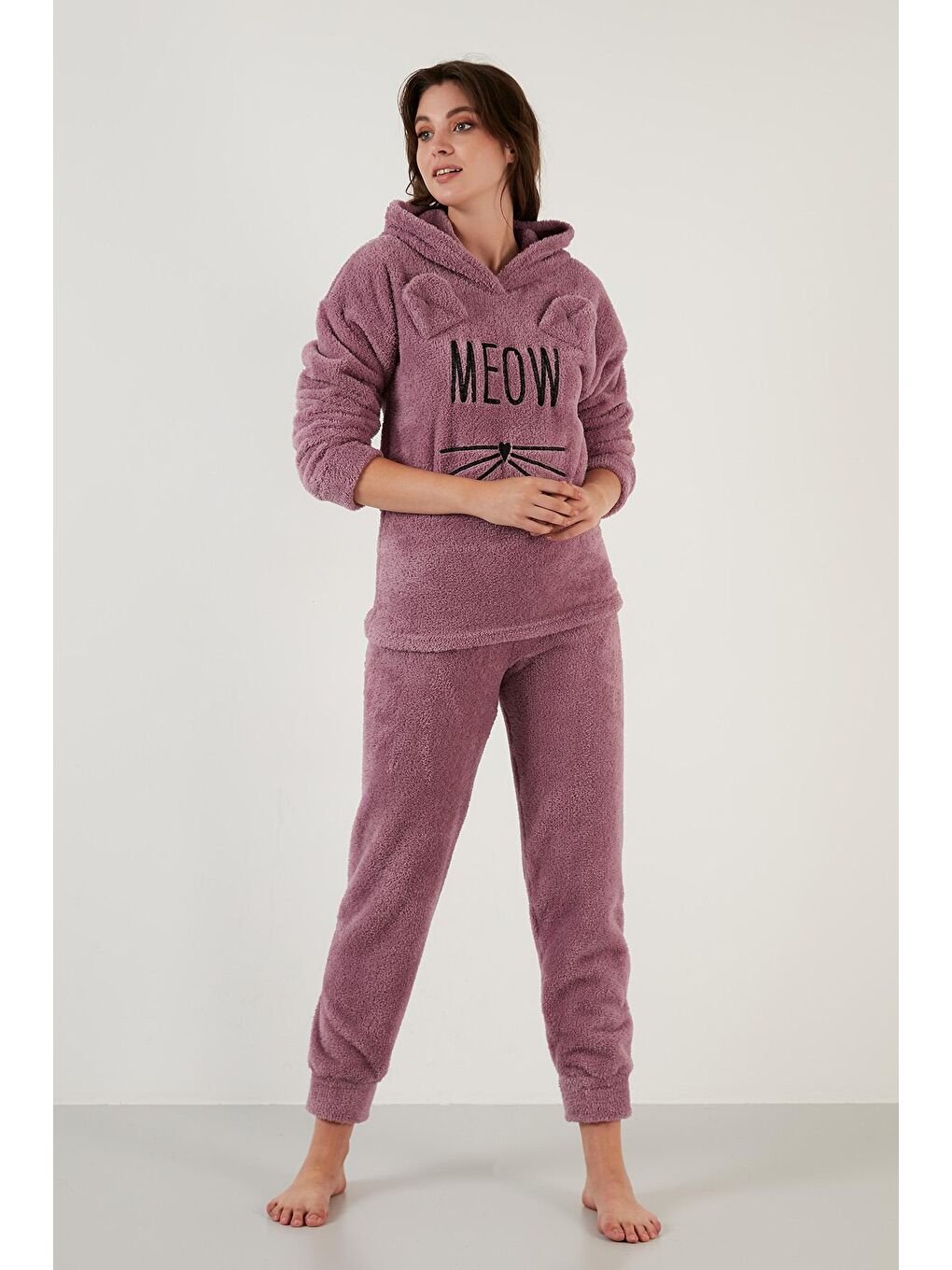 Lila Kapüşonlu Elastik Bantlı Peluş Pijama Takımı 6094130-2