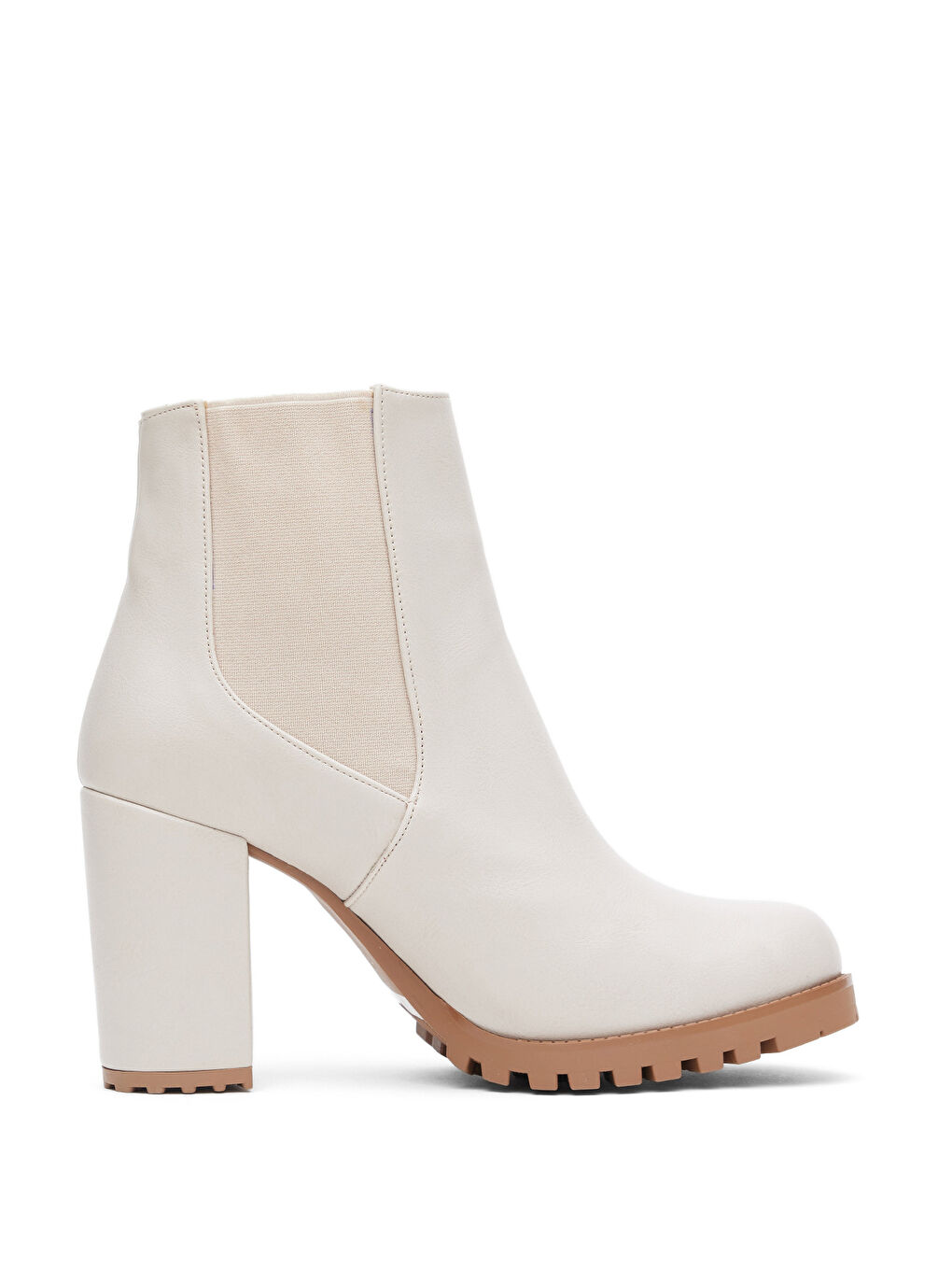 Kadın Bej Cilt Rahat Kalıp Lastikli Kalın Topuklu Bot