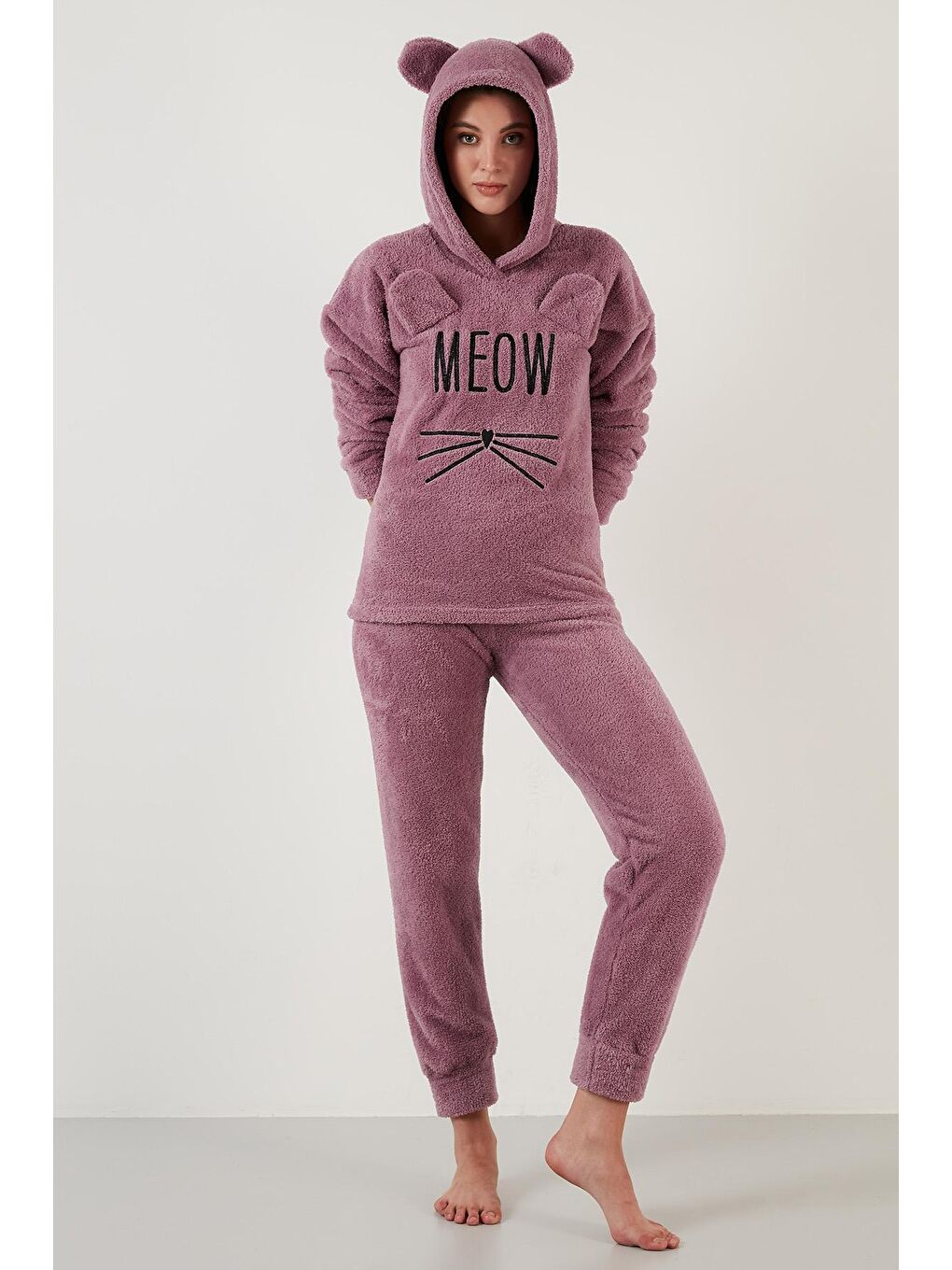 Lila Kapüşonlu Elastik Bantlı Peluş Pijama Takımı 6094130-3