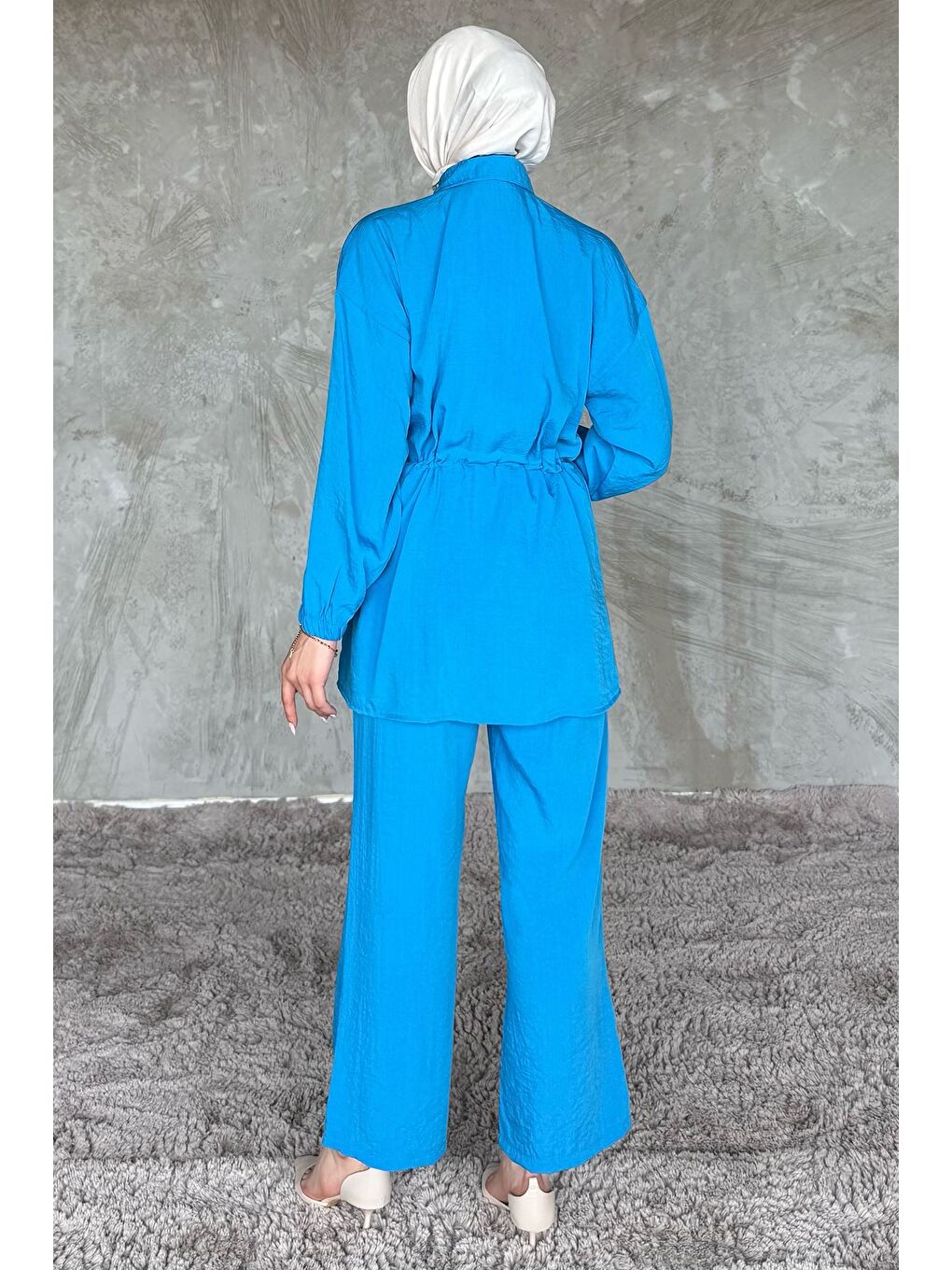 Mavi Cep Nakışlı Bel Bağcıklı Tesettür Tunik Pantolon İkili Takım-7