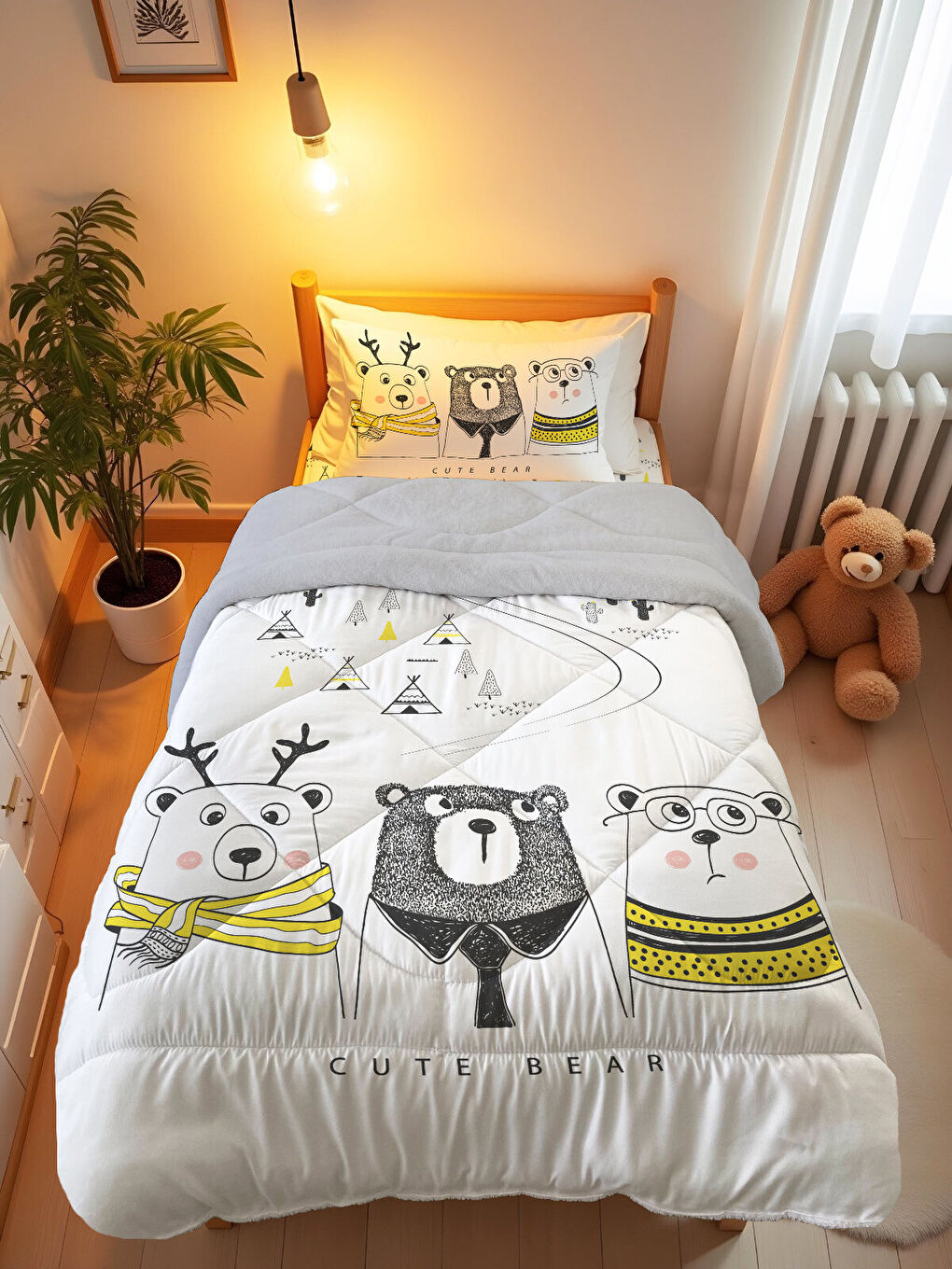 Beyaz Üç Ayı Desenli Tek Kişilik 160x220 Cm Wellsoft Çift Taraflı Silikon Yorgan Ve Uyku Seti