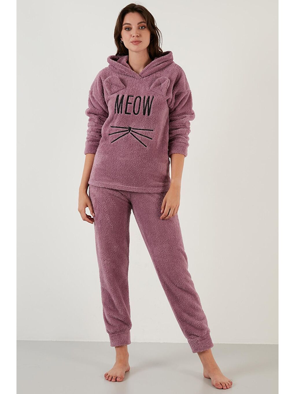 Lila Kapüşonlu Elastik Bantlı Peluş Pijama Takımı 6094130-4