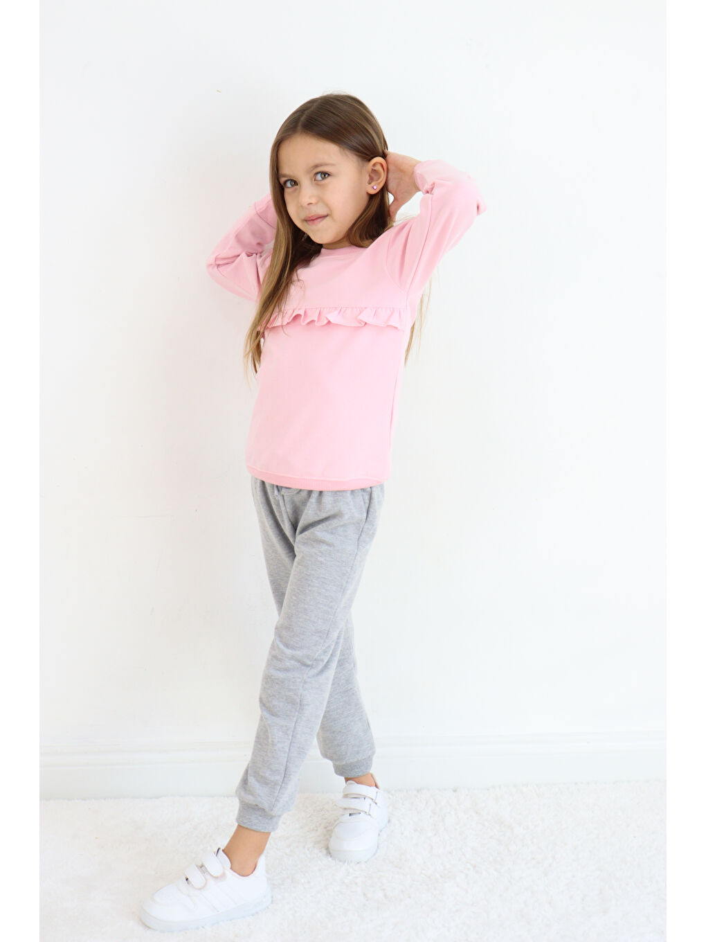 Pembe Bisiklet Yaka Kız Bebek Sweatshirt ve Eşofman Alt 2'li Takım-1