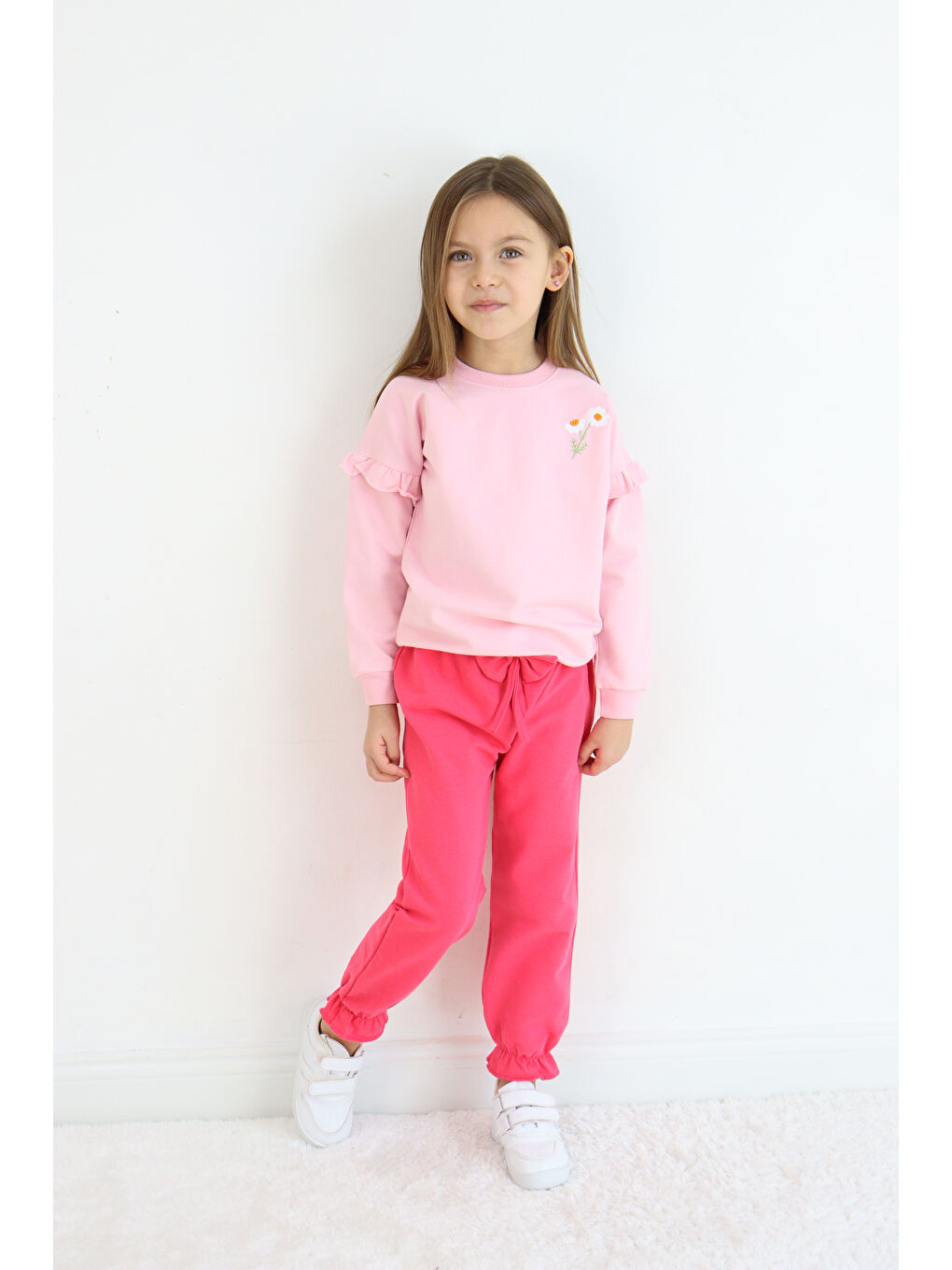 Pembe Bisiklet Yaka Kız Bebek Sweatshirt ve Eşofman Alt 2'li Takım