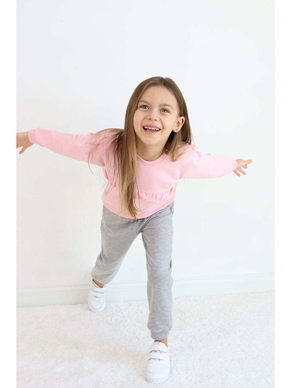 Pembe Bisiklet Yaka Kız Bebek Sweatshirt ve Eşofman Alt 2'li Takım-2