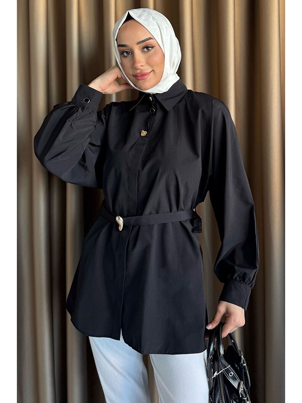 Siyah Bel Kuşaklı Tesettür Gömlek-1
