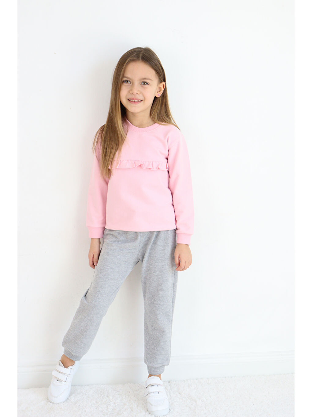 Pembe Bisiklet Yaka Kız Bebek Sweatshirt ve Eşofman Alt 2'li Takım-3