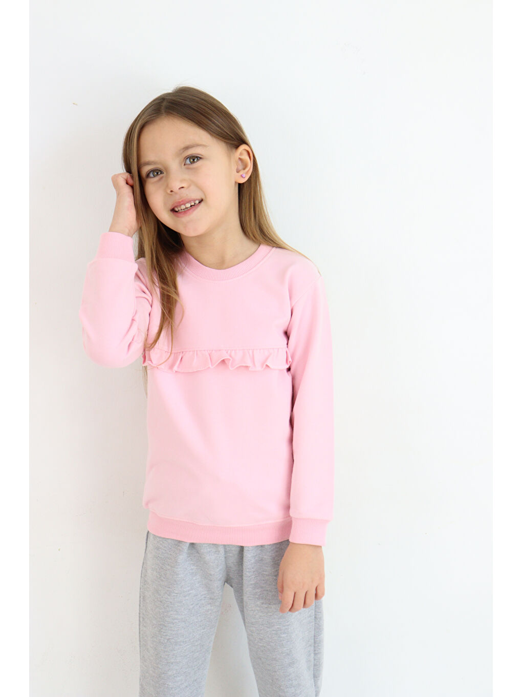 Pembe Bisiklet Yaka Kız Bebek Sweatshirt ve Eşofman Alt 2'li Takım-5