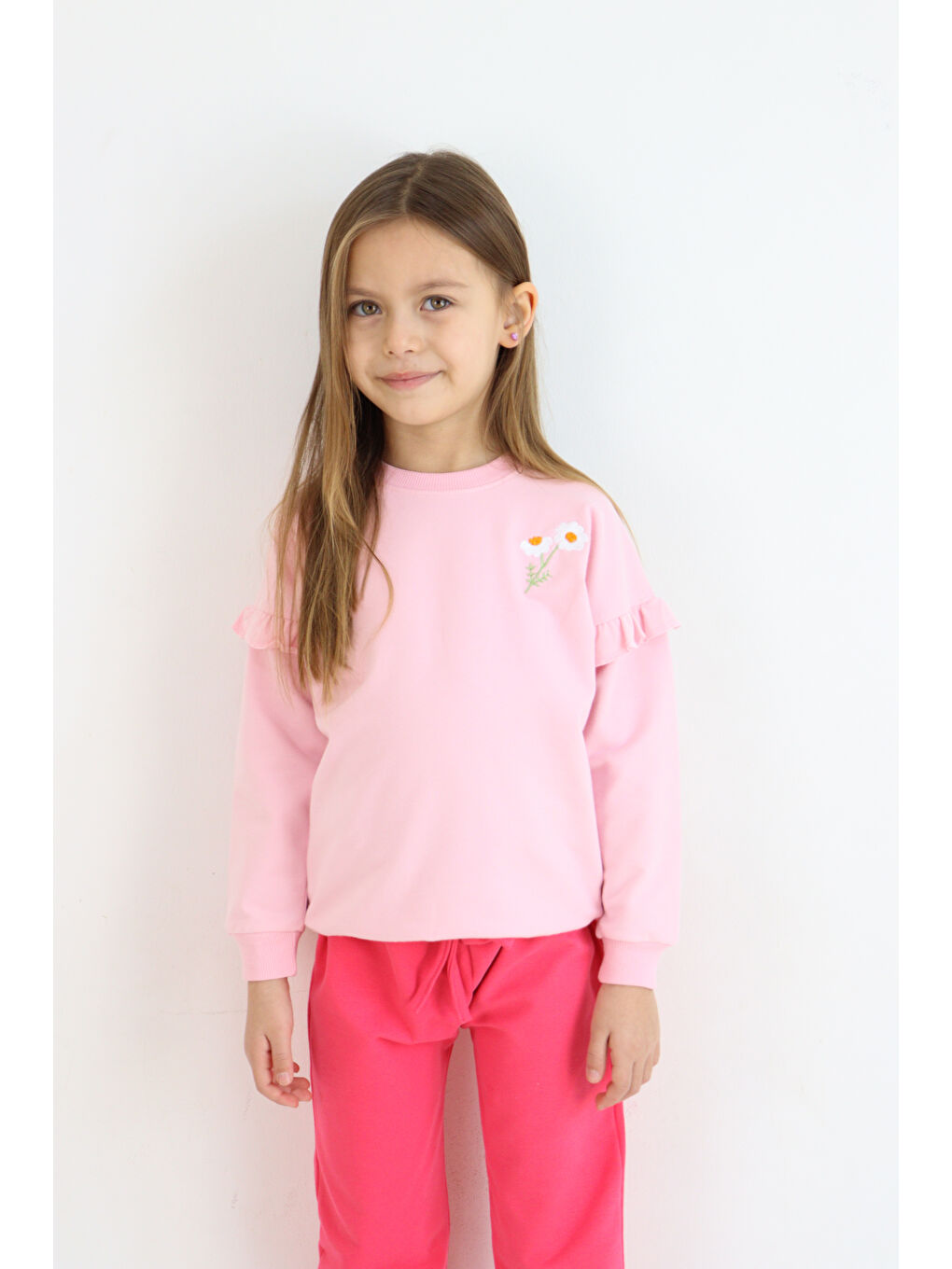 Pembe Bisiklet Yaka Kız Bebek Sweatshirt ve Eşofman Alt 2'li Takım-5