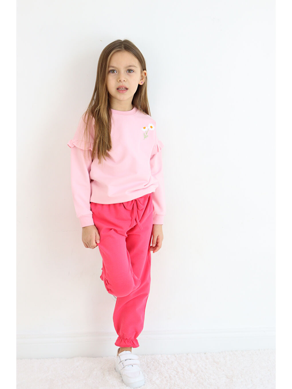 Pembe Bisiklet Yaka Kız Bebek Sweatshirt ve Eşofman Alt 2'li Takım-6