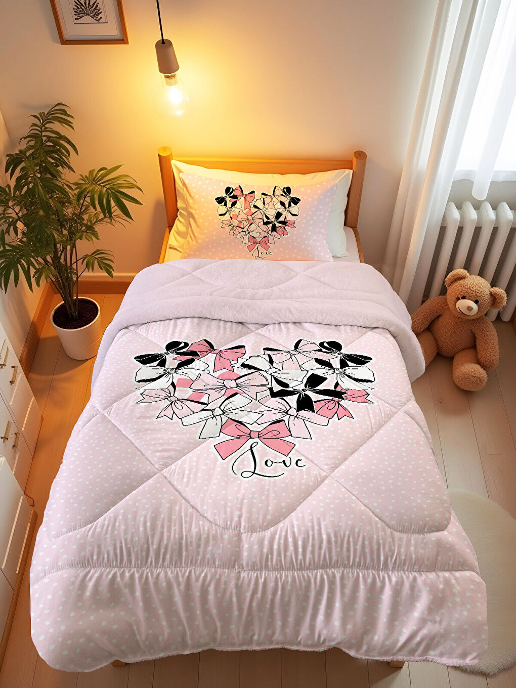 Karışık Kurdele Desenli Tek Kişilik 160x220 Cm Wellsoft Çift Taraflı Silikon Yorgan Ve Uyku Seti