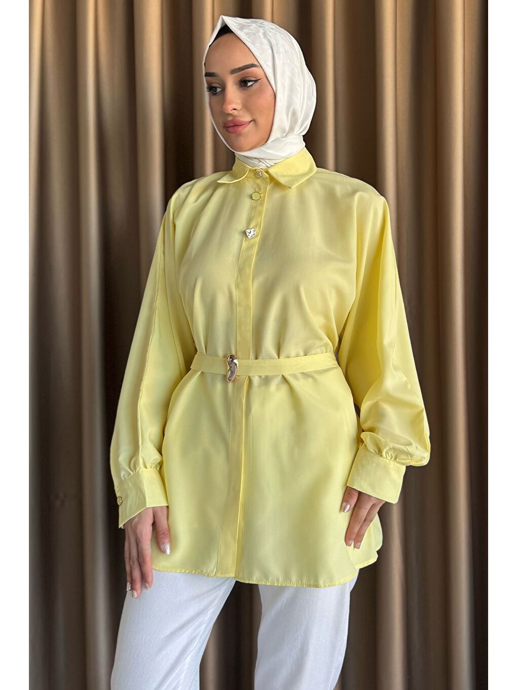 Sarı Bel Kuşaklı Tesettür Gömlek-3