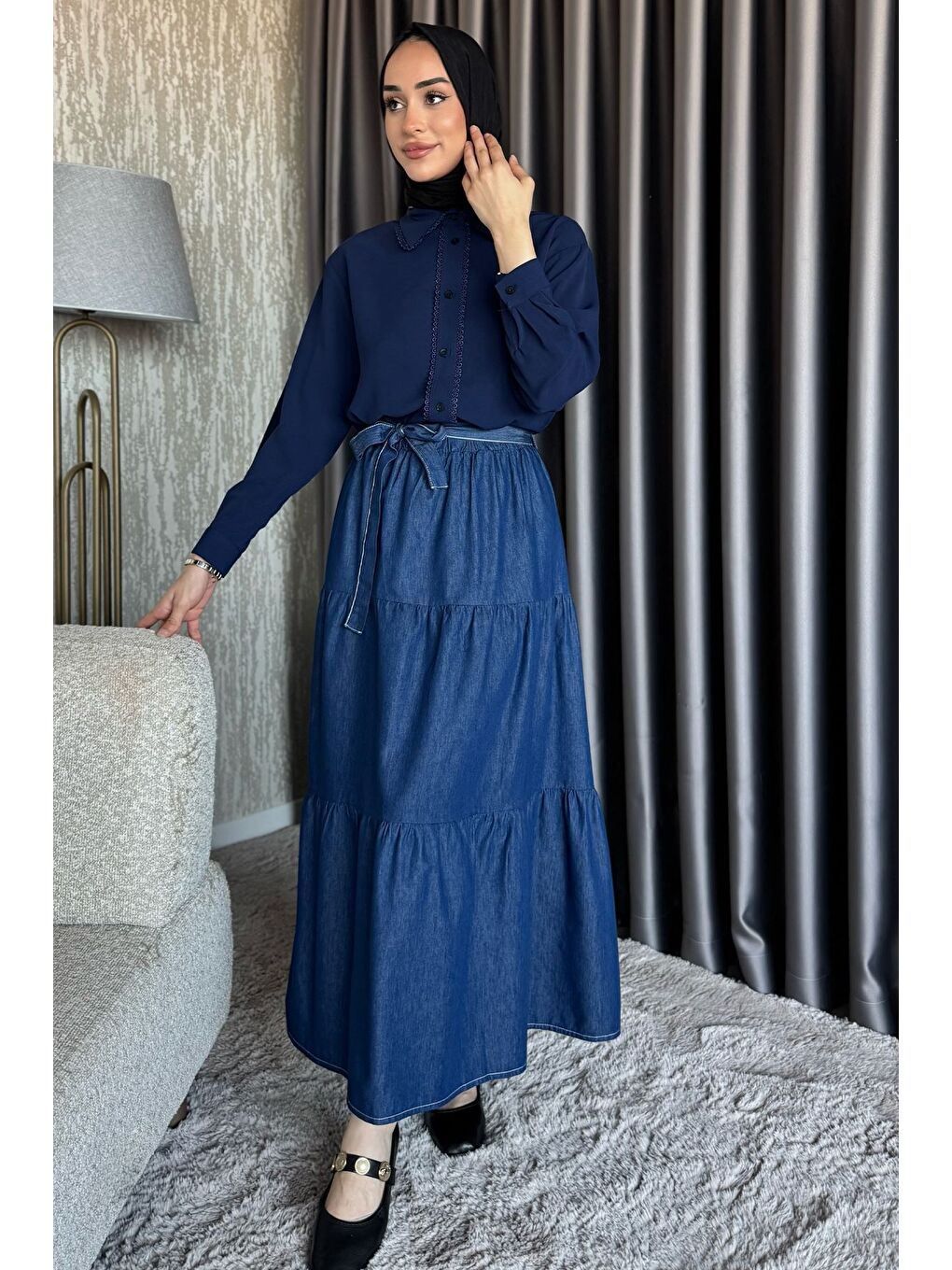 Lacivert Kemerli Tesettür Jean Jean Etek-3