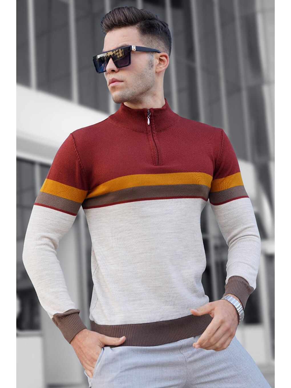 Kahverengi Fermuarlı Kiremit Erkek Kazak 5601