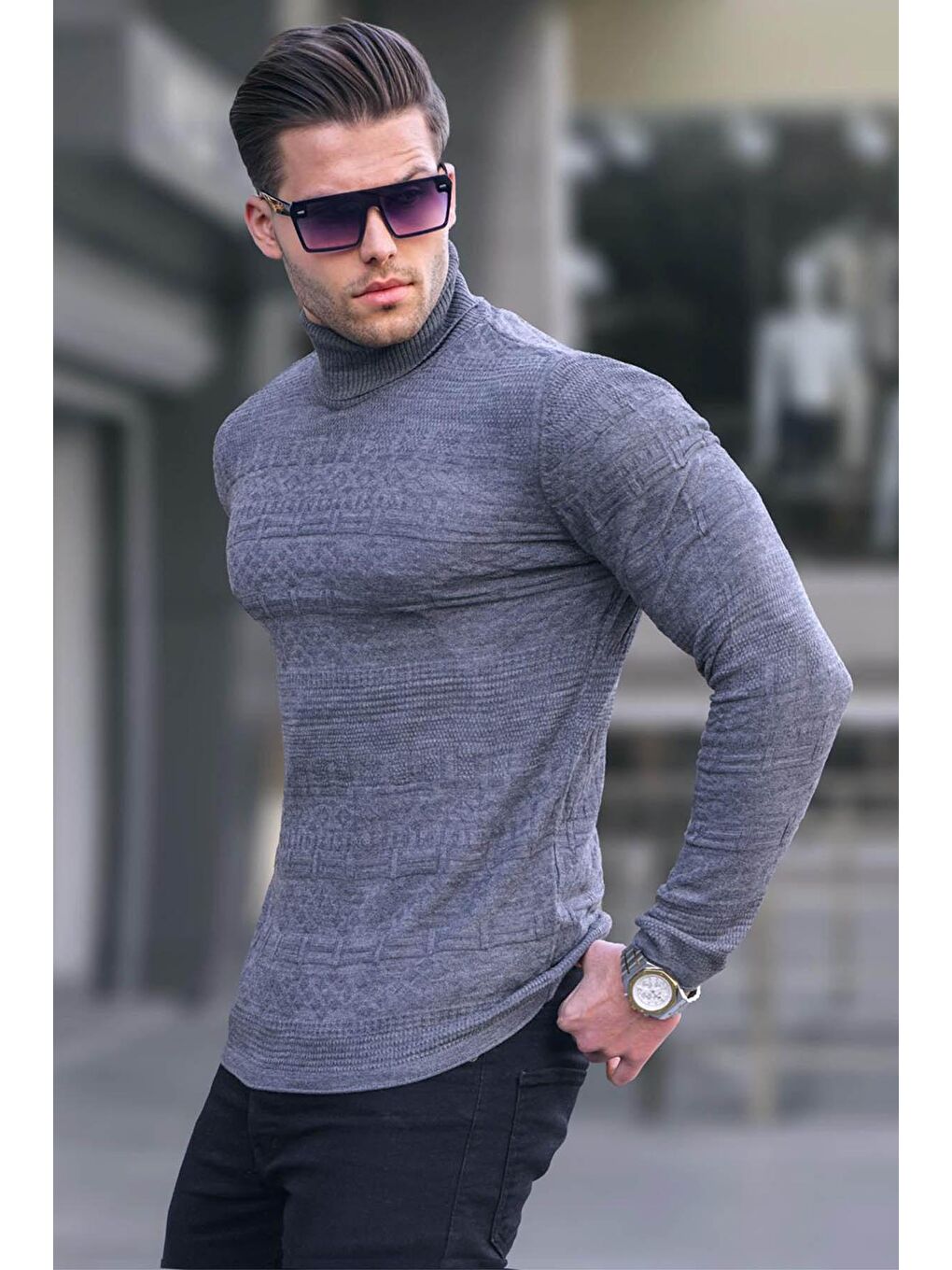 Antrasit Balıkçı Yaka Desenli Kazak 4661