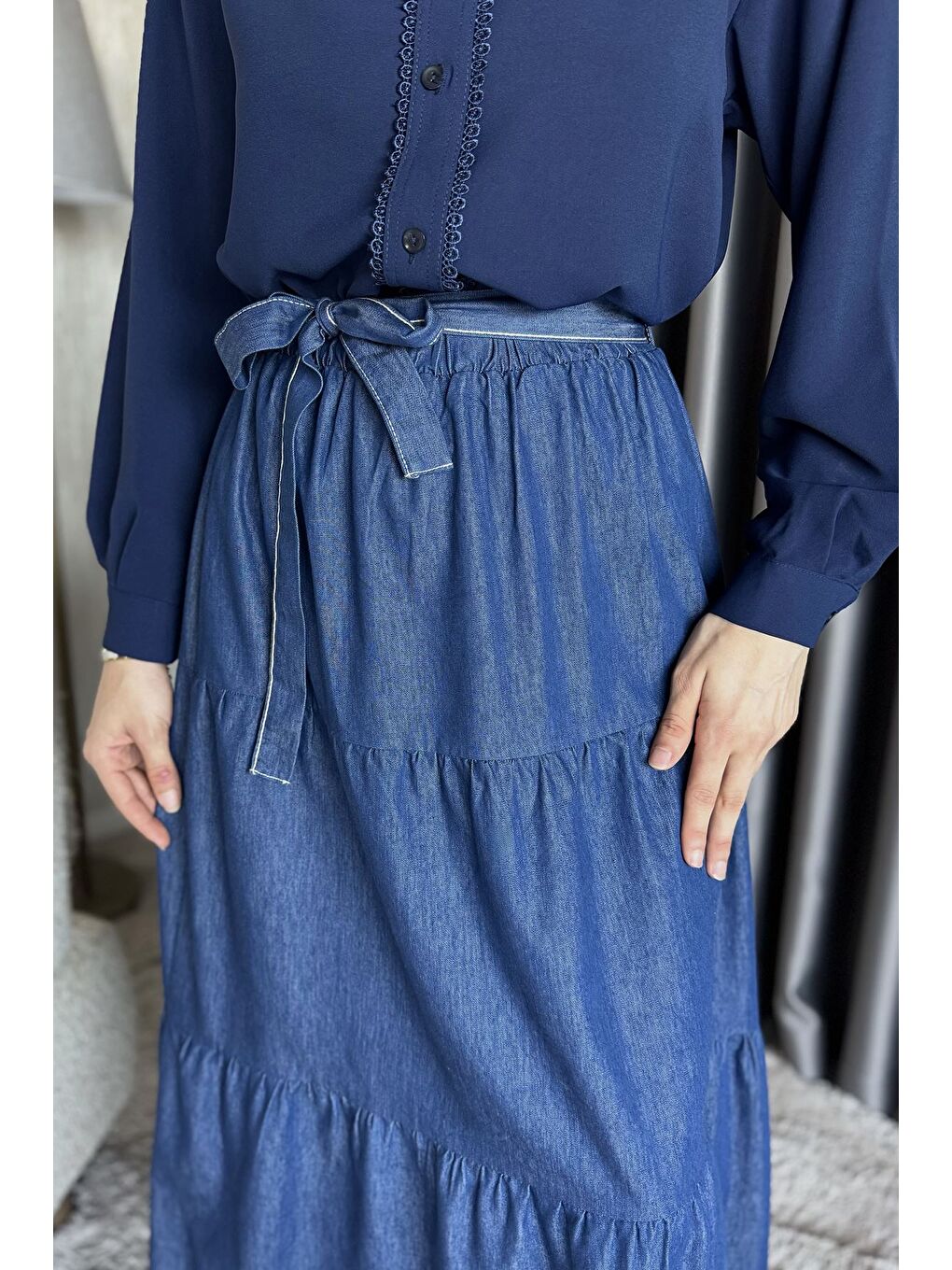 Lacivert Kemerli Tesettür Jean Jean Etek-5