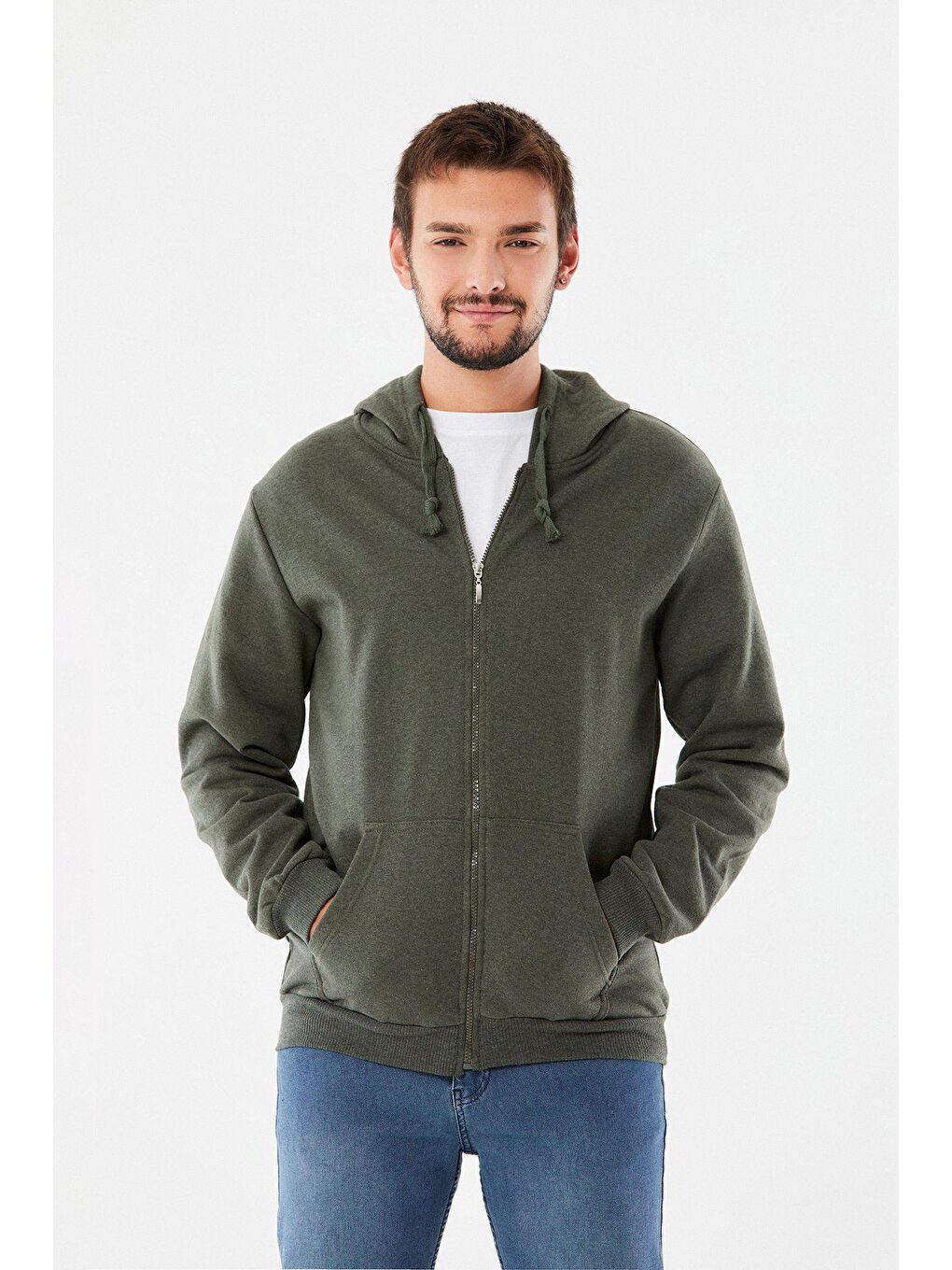 Haki Kanguru Cepli  Fermuarlı Sweatshirt