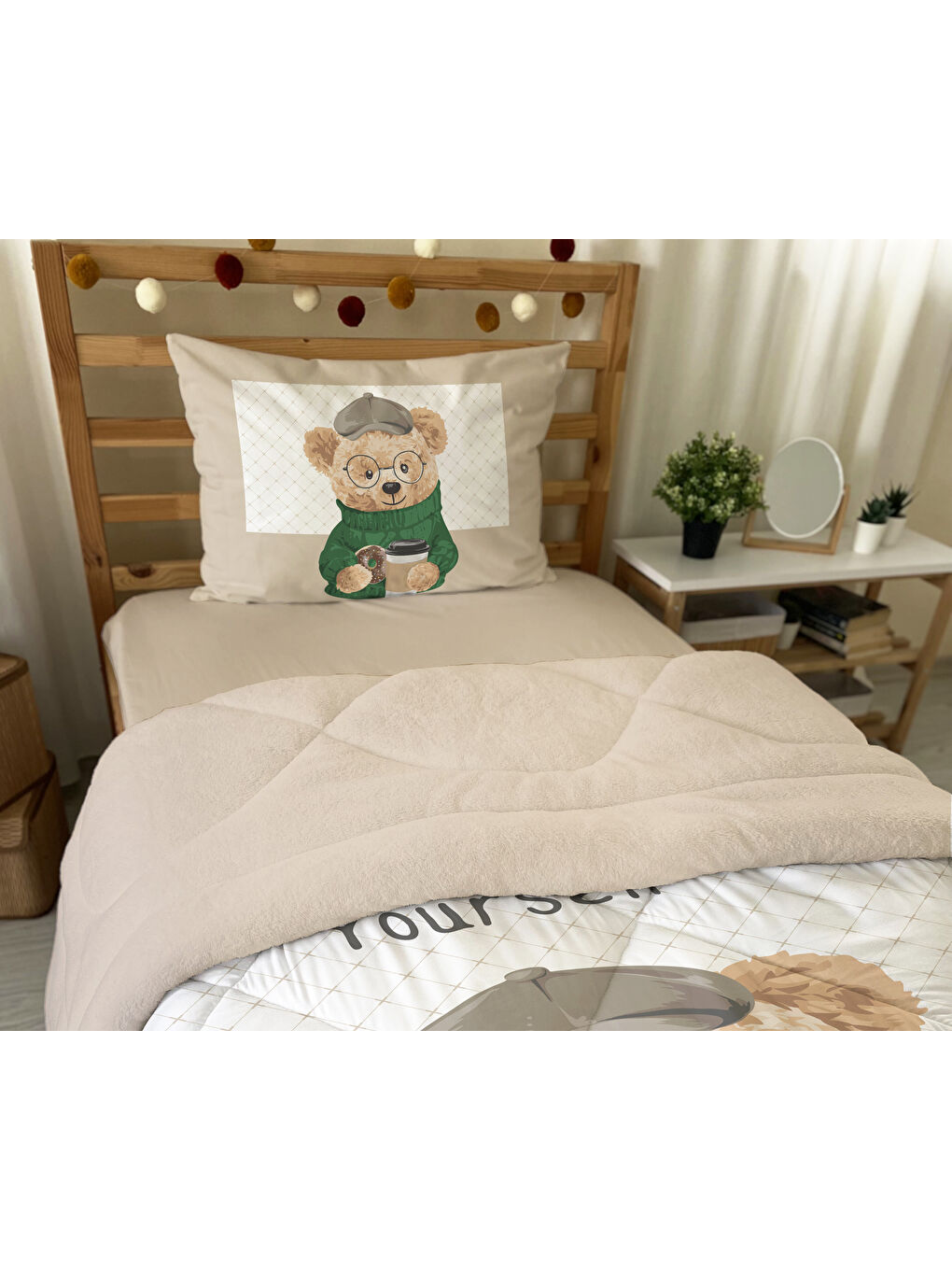 Karışık Teddy Desenli Tek Kişilik 160x220 Cm Wellsoft Çift Taraflı Silikon Yorgan Ve Uyku Seti-3