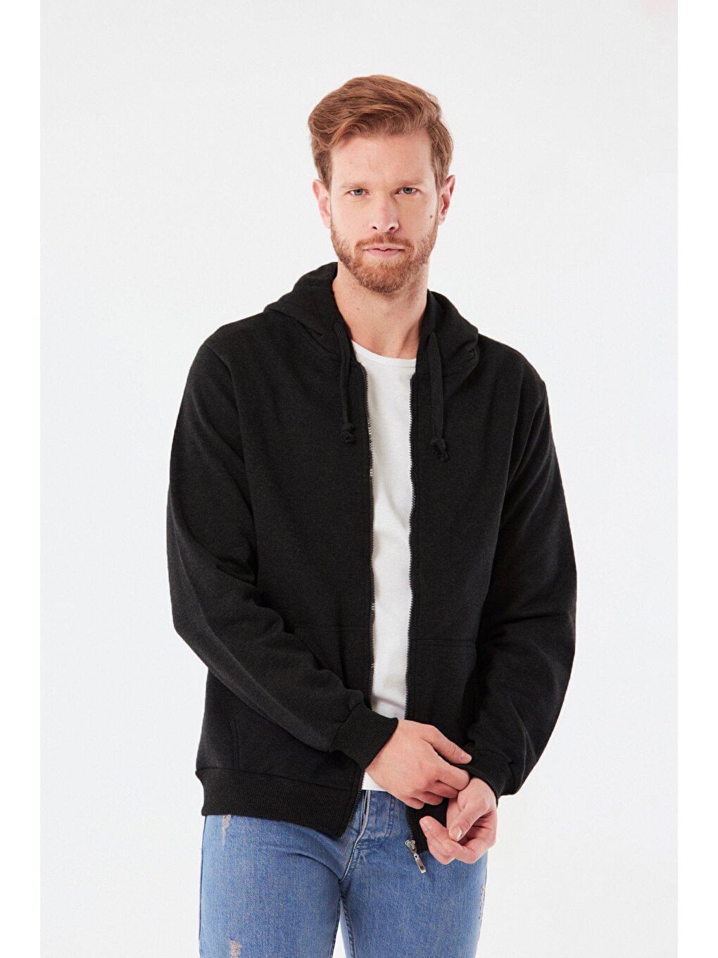 Siyah Kanguru Cepli  Erkek Fermuarlı Sweatshirt Hırka