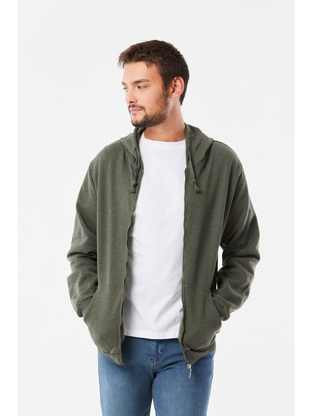 Haki Kanguru Cepli  Fermuarlı Sweatshirt-1