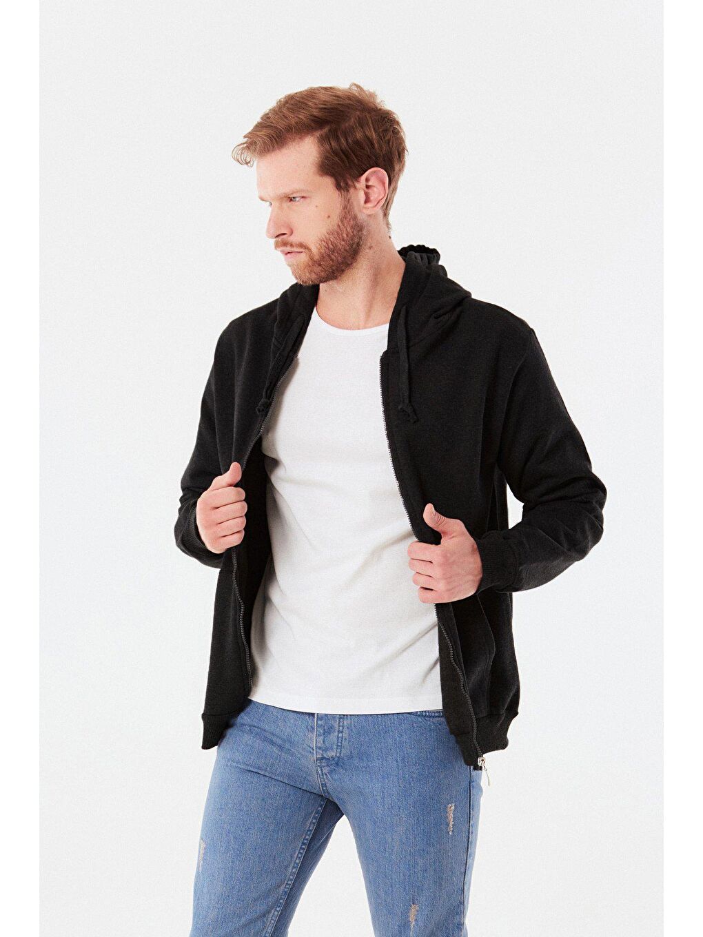 Siyah Kanguru Cepli  Erkek Fermuarlı Sweatshirt Hırka-2