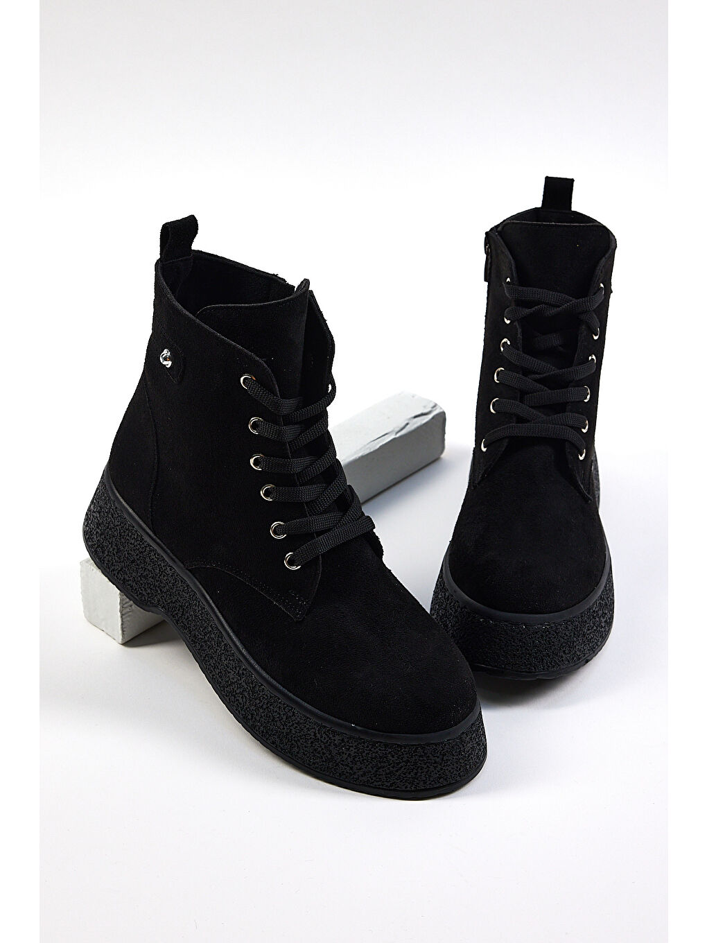 Kadın Siyah Süet Yüksek Poli Taban Bağcıklı Süet Bot-3