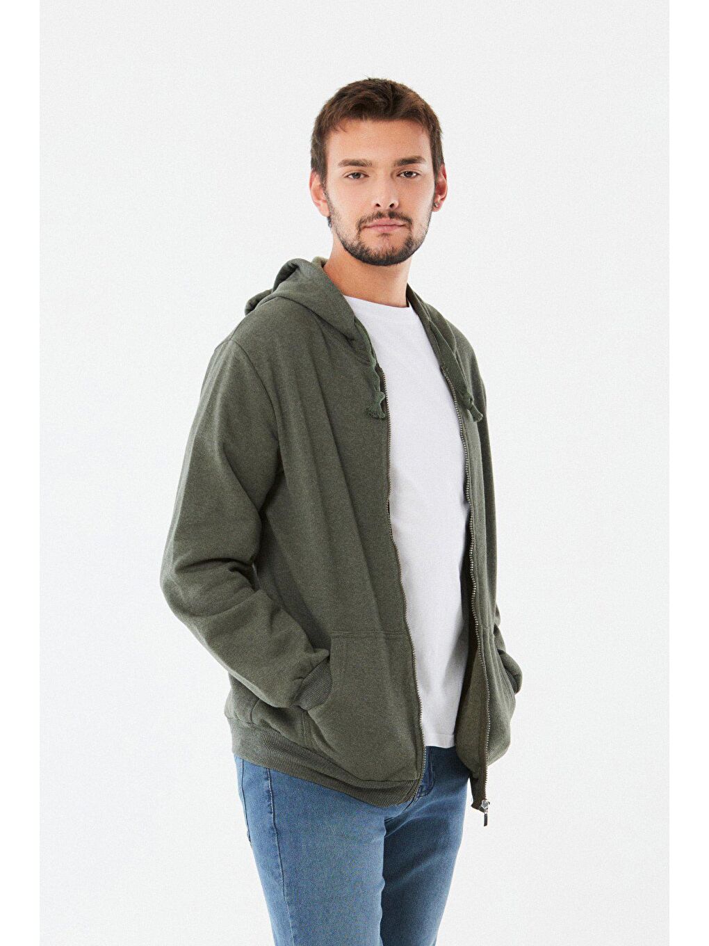 Haki Kanguru Cepli  Fermuarlı Sweatshirt-2