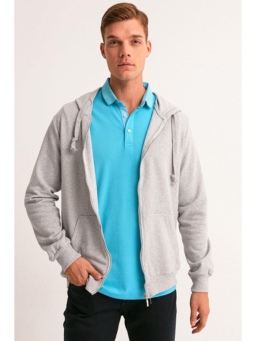 Gri Kapüşonlu Erkek Fermuarlı Sweatshirt Hırka