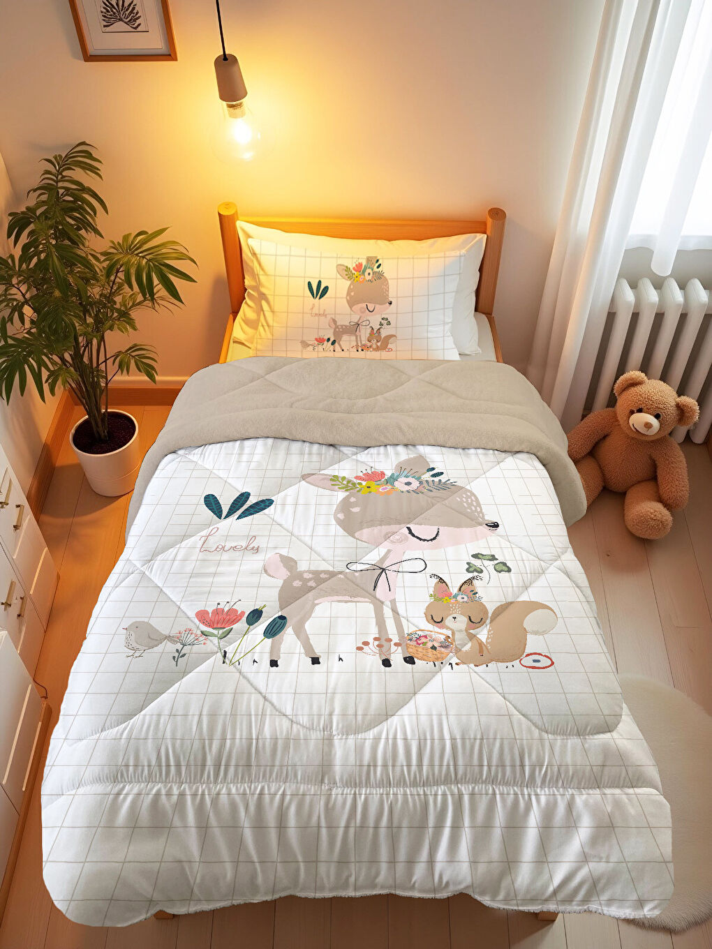 Beyaz Geyik Desenli Tek Kişilik 160x220 Cm Wellsoft Çift Taraflı Silikon Yorgan Ve Uyku Seti