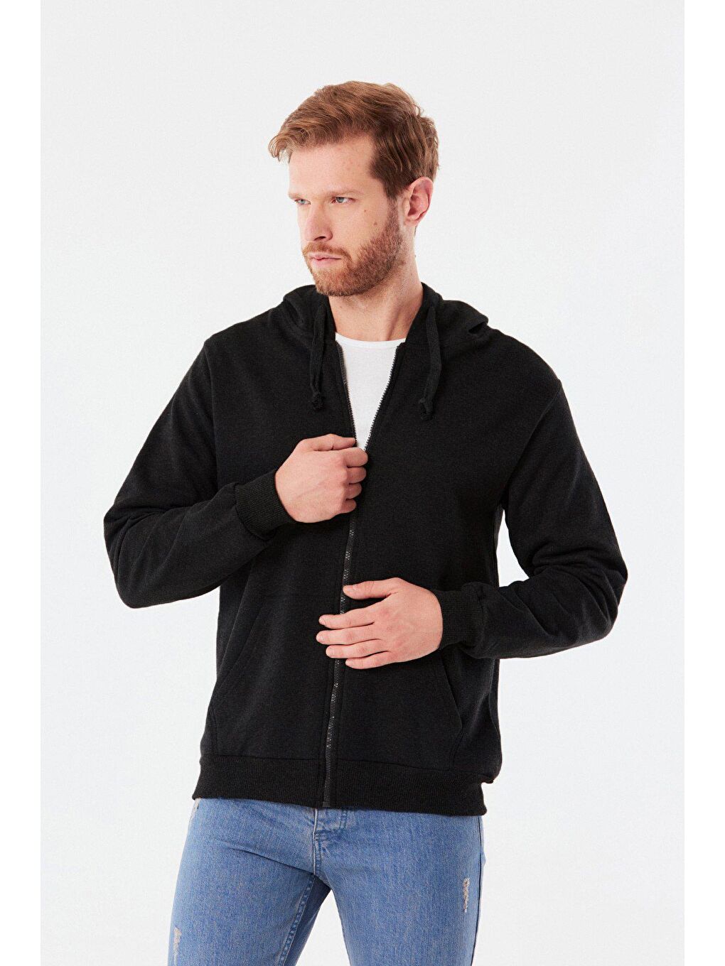 Siyah Kanguru Cepli  Erkek Fermuarlı Sweatshirt Hırka-4