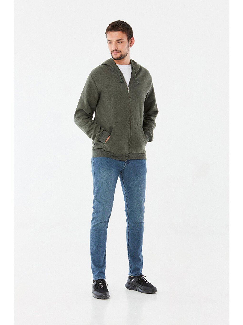 Haki Kanguru Cepli  Fermuarlı Sweatshirt-3