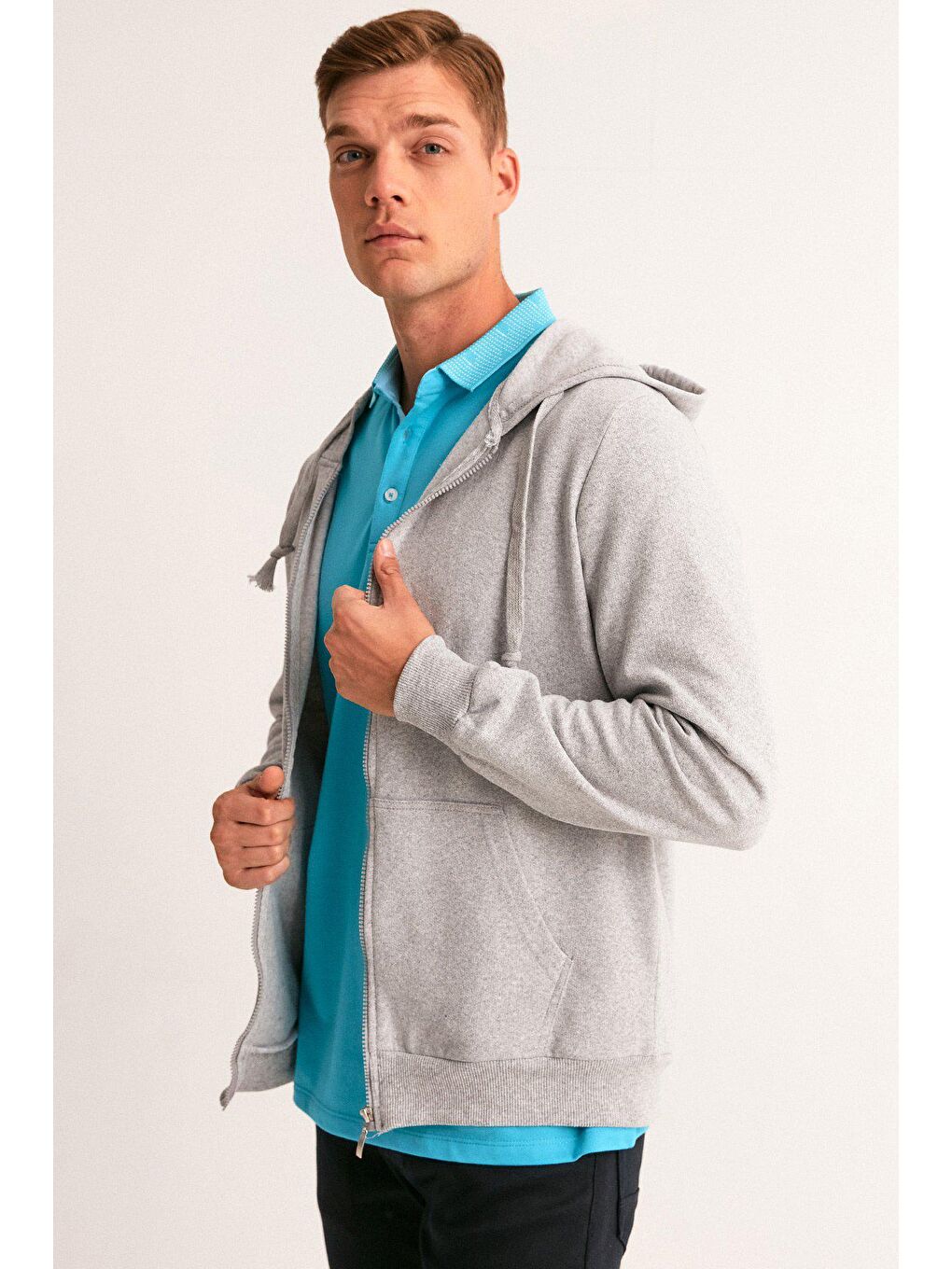 Gri Kapüşonlu Erkek Fermuarlı Sweatshirt Hırka-1