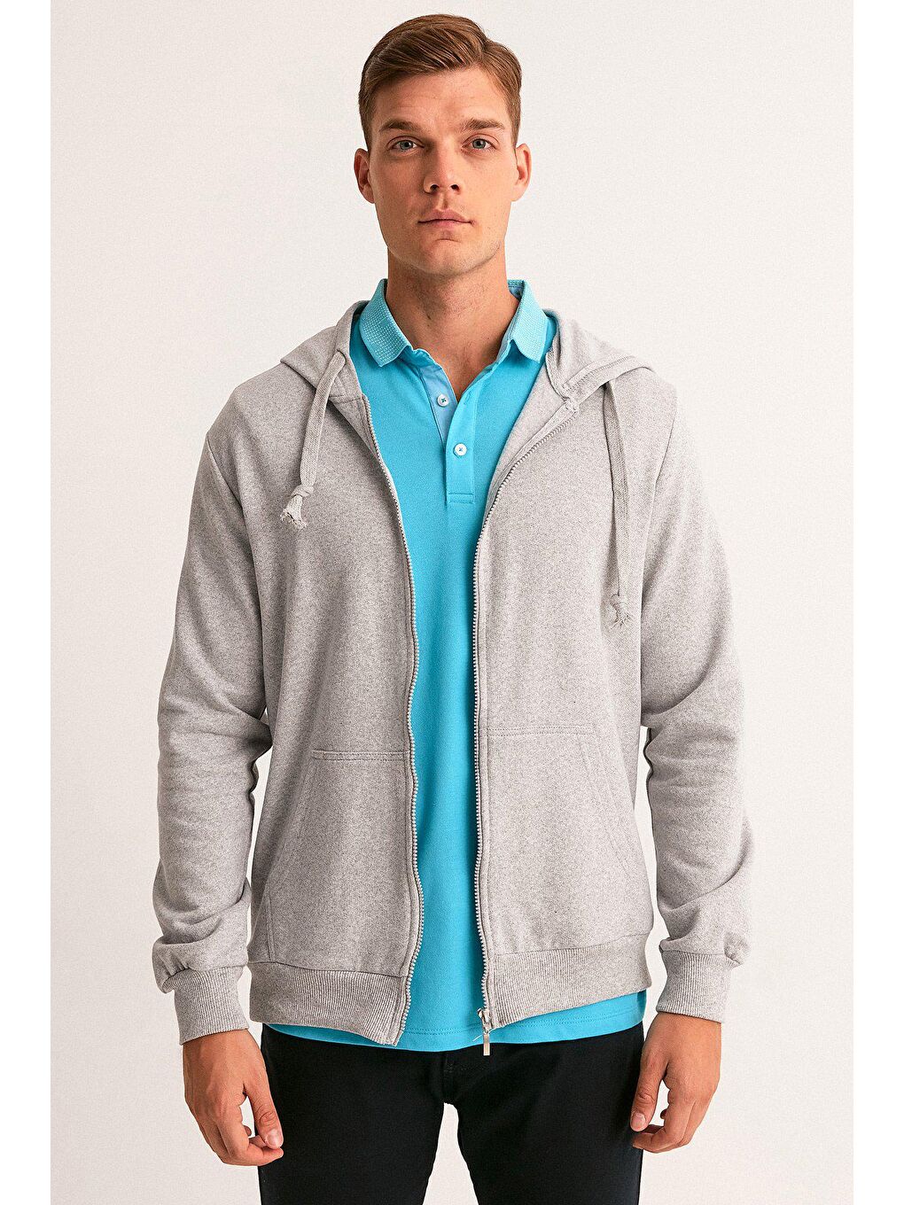 Gri Kapüşonlu Erkek Fermuarlı Sweatshirt Hırka-2