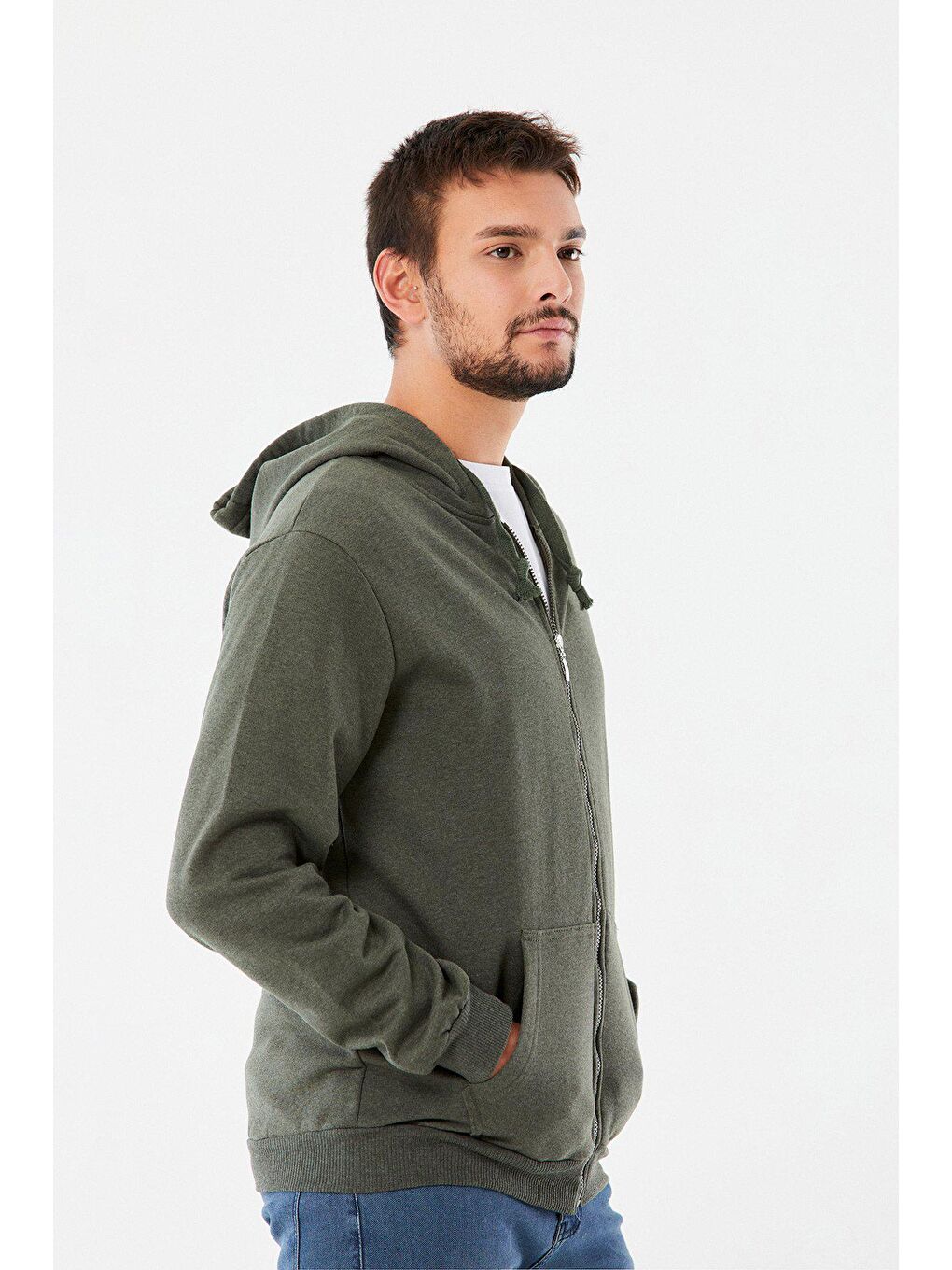 Haki Kanguru Cepli  Fermuarlı Sweatshirt-4