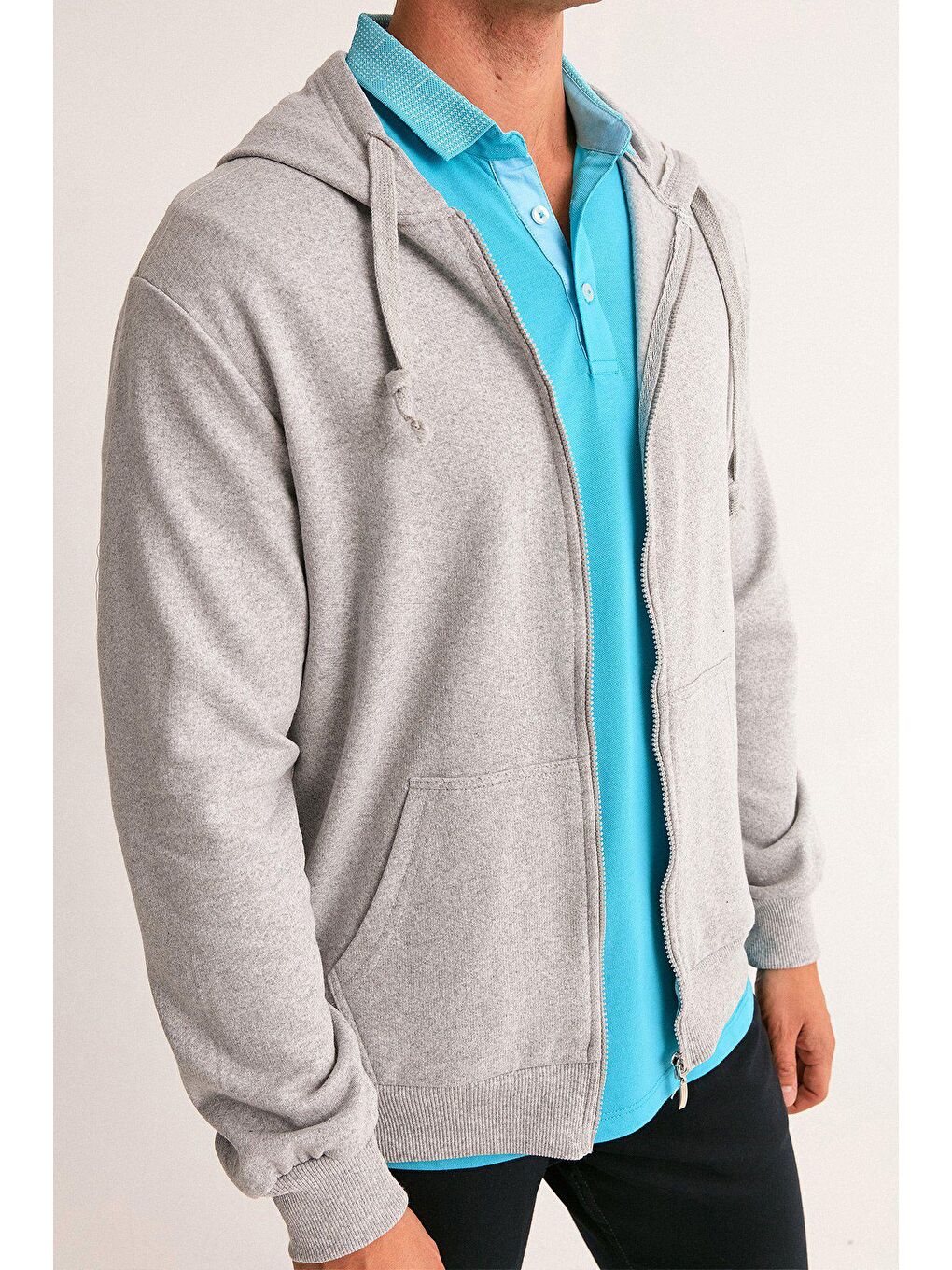 Gri Kapüşonlu Erkek Fermuarlı Sweatshirt Hırka-3