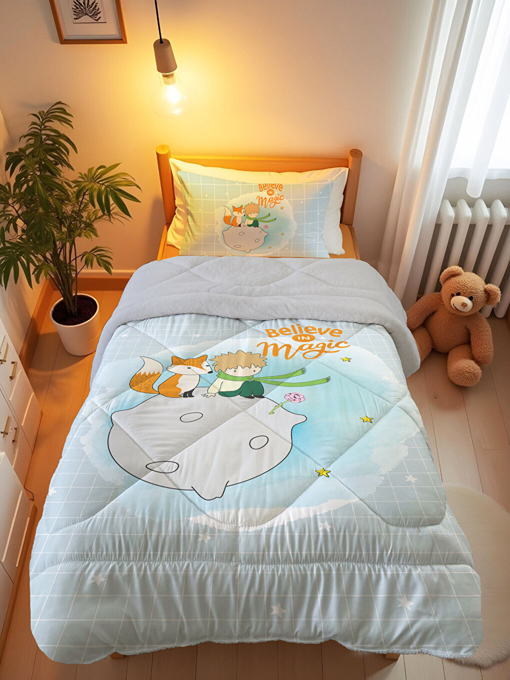 Beyaz Minik Prens Desenli Tek Kişilik 160x220 Cm Wellsoft Çift Taraflı Silikon Yorgan Ve Uyku Seti