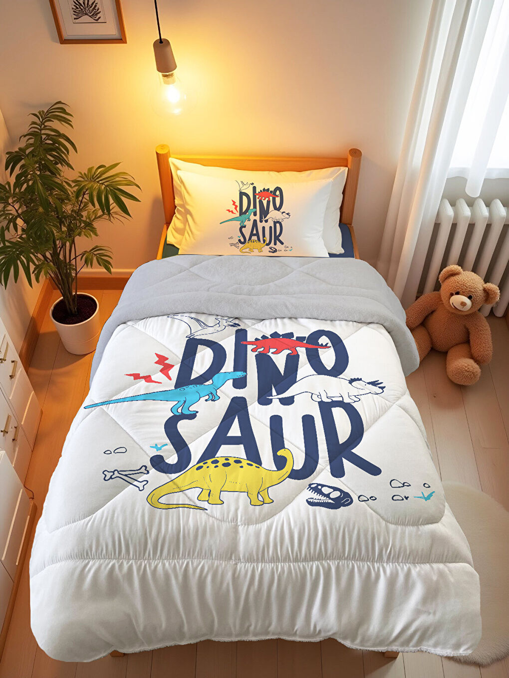 Beyaz Dinozor Desenli Tek Kişilik 160x220 Cm Wellsoft Çift Taraflı Silikon Yorgan Ve Uyku Seti