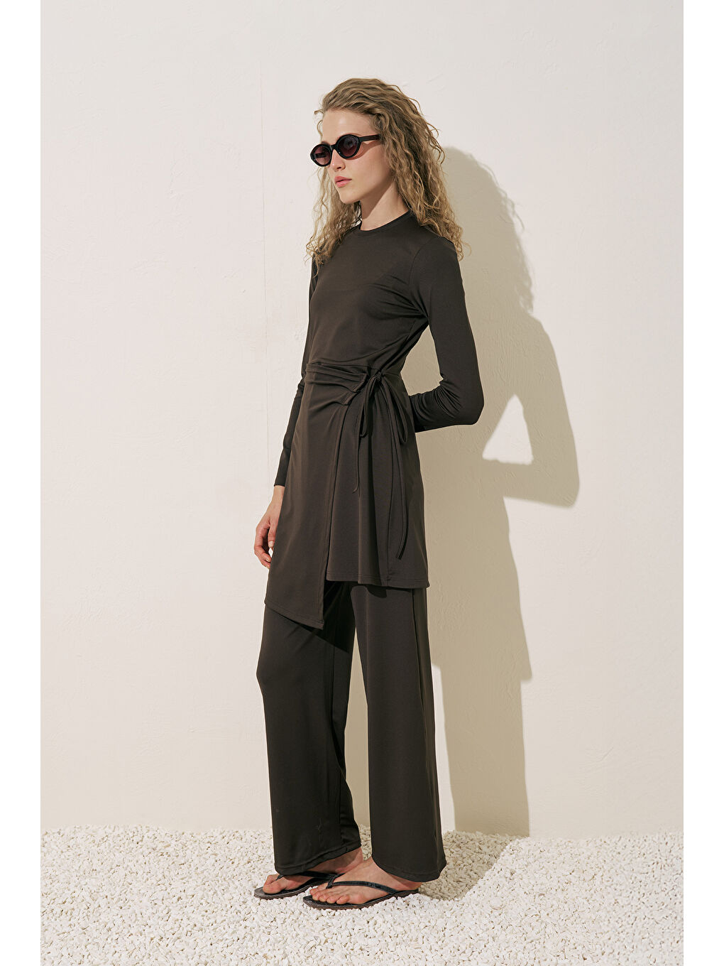 Anvelop Etekli Mayo Elbise Kahverengi-2