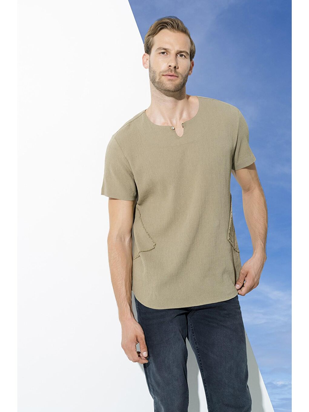 Organik Tek Düğme Kısakol Haki %100 Pamuk Gömlek