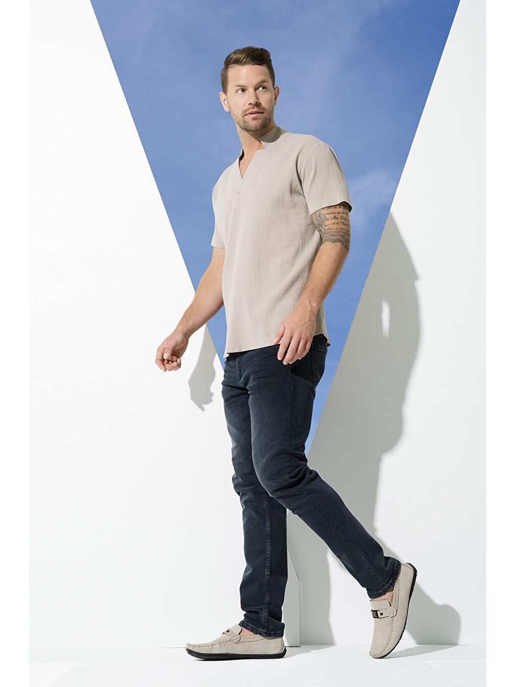 Bej Organik Yıldız Yaka Taş %100 Pamuk Gömlek-1