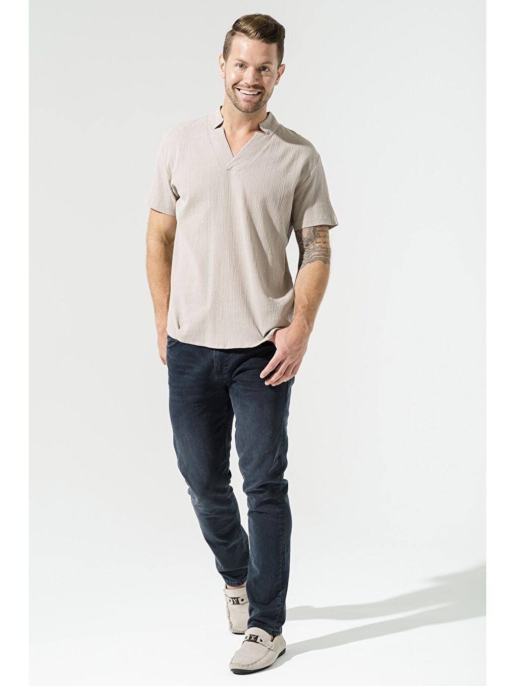 Bej Organik Yıldız Yaka Taş %100 Pamuk Gömlek-2