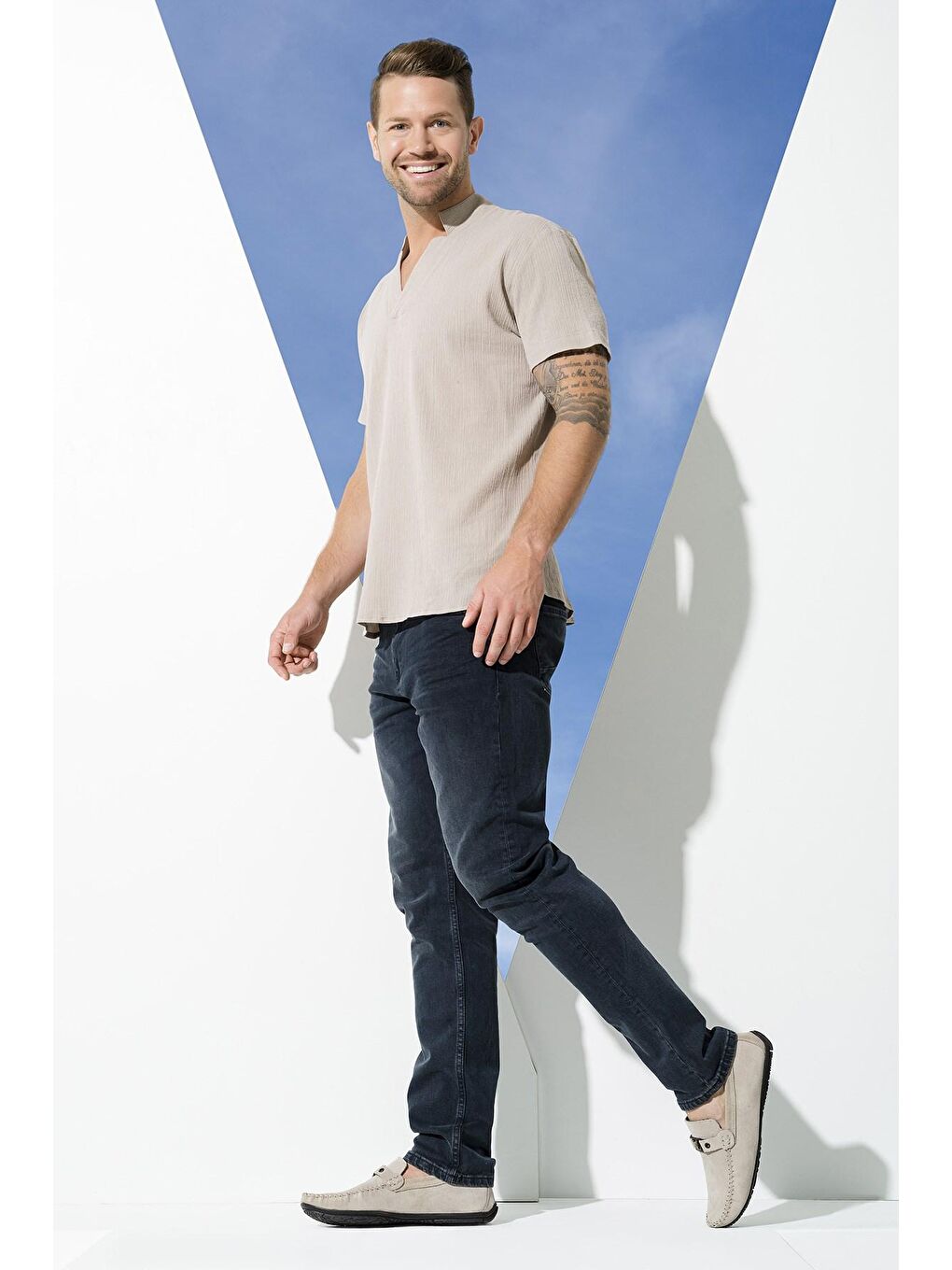 Bej Organik Yıldız Yaka Taş %100 Pamuk Gömlek-3