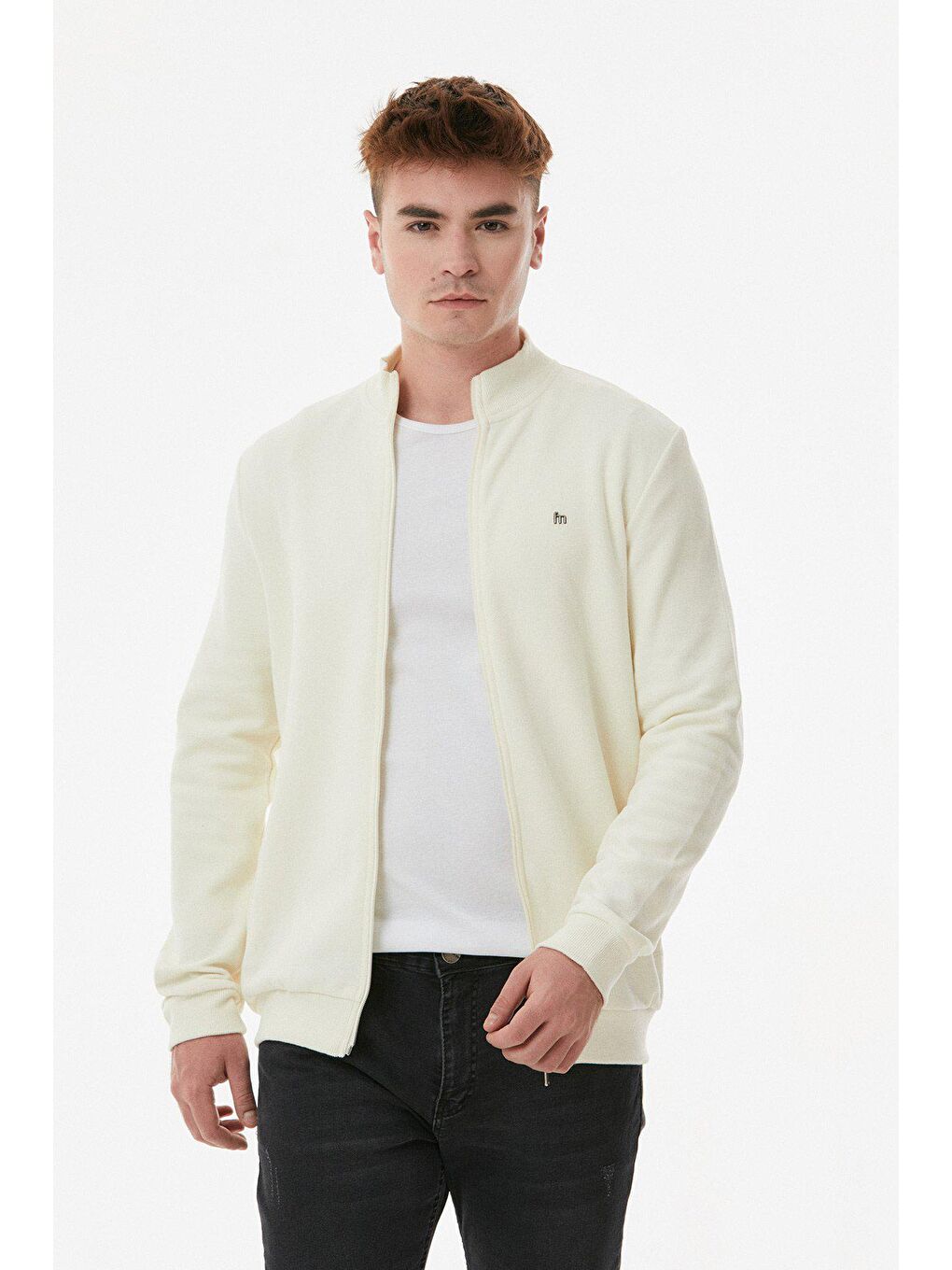 Ekru Dik Yaka Polar Erkek Fermuarlı Sweatshirt Hırka