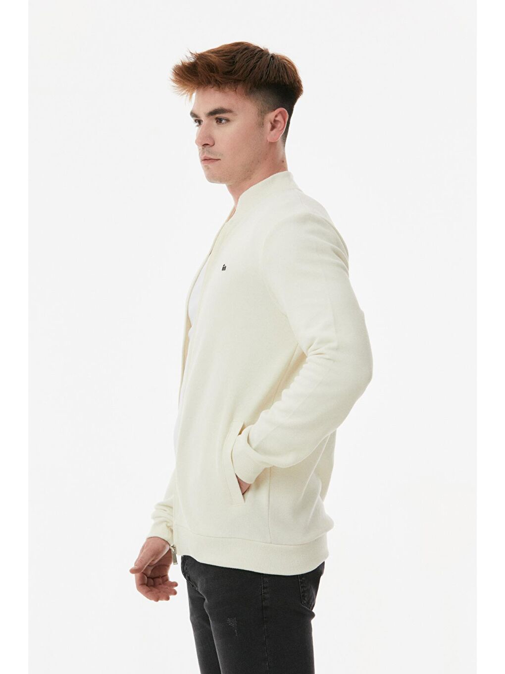 Ekru Dik Yaka Polar Erkek Fermuarlı Sweatshirt Hırka-1