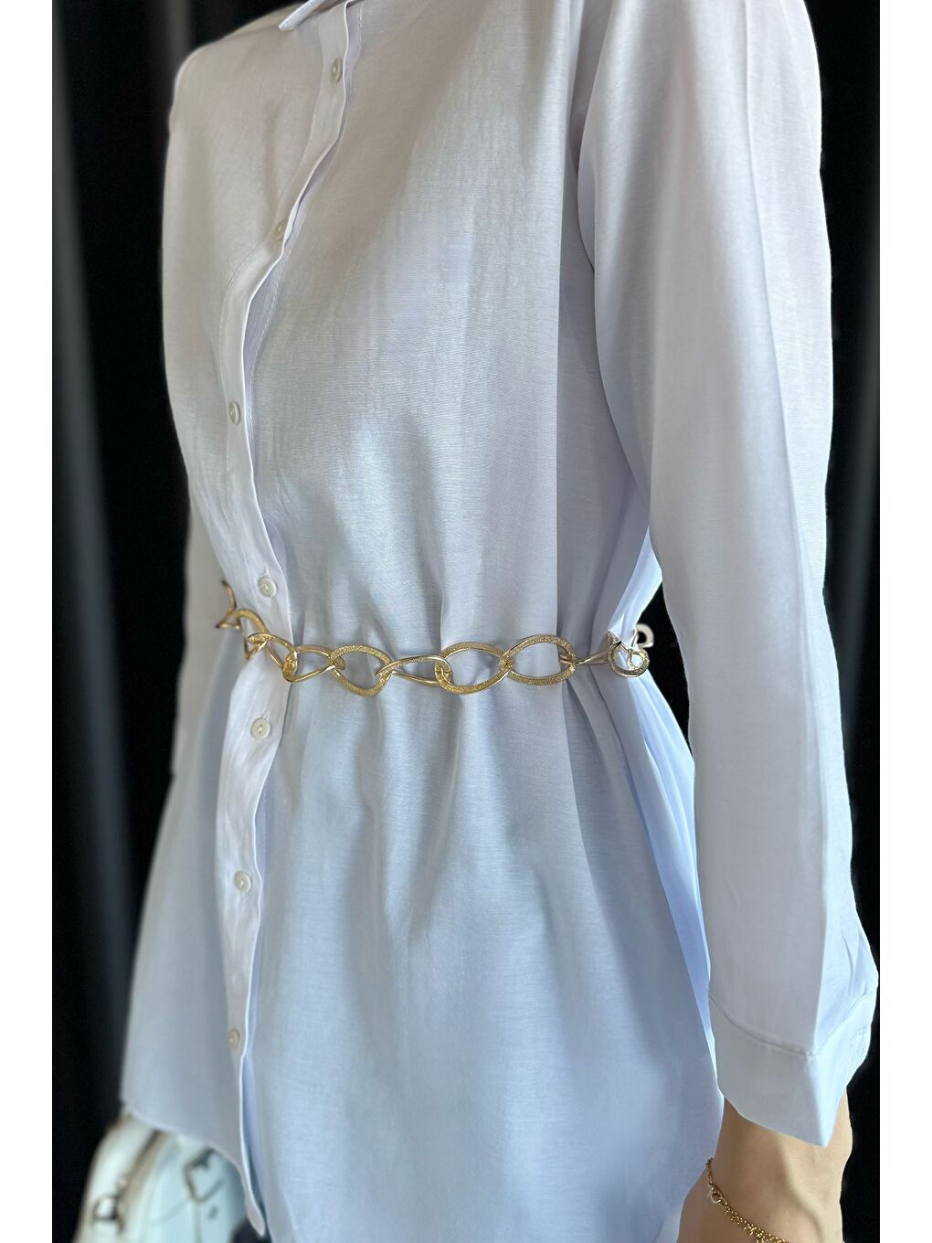 Beyaz Zincir Kemerli Tesettür Tunik-5