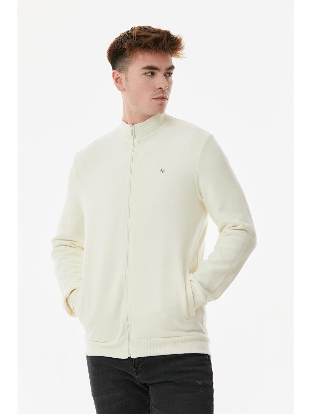 Ekru Dik Yaka Polar Erkek Fermuarlı Sweatshirt Hırka-3